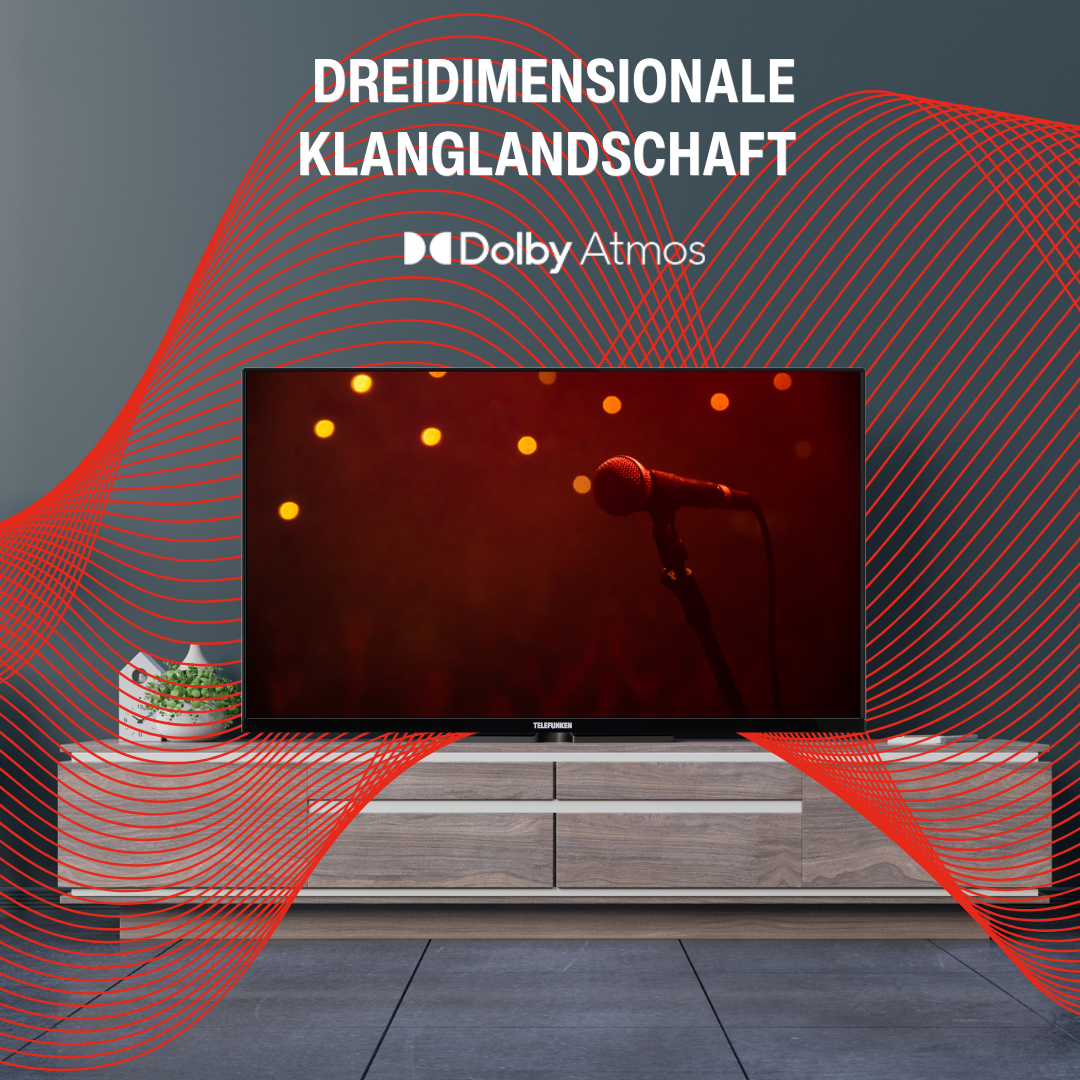 Ein Fernseher, der eine Bühnenszene mit einem Mikrofon zeigt, mit roten grafischen Linien.