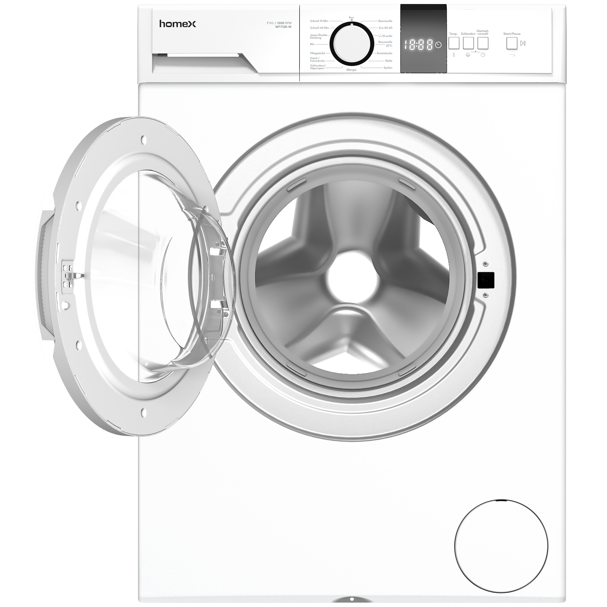 Weiße Waschmaschine, Tür offen, Trommel sichtbar. Das Bedienfeld ist sichtbar. Die Marke ist Homex.