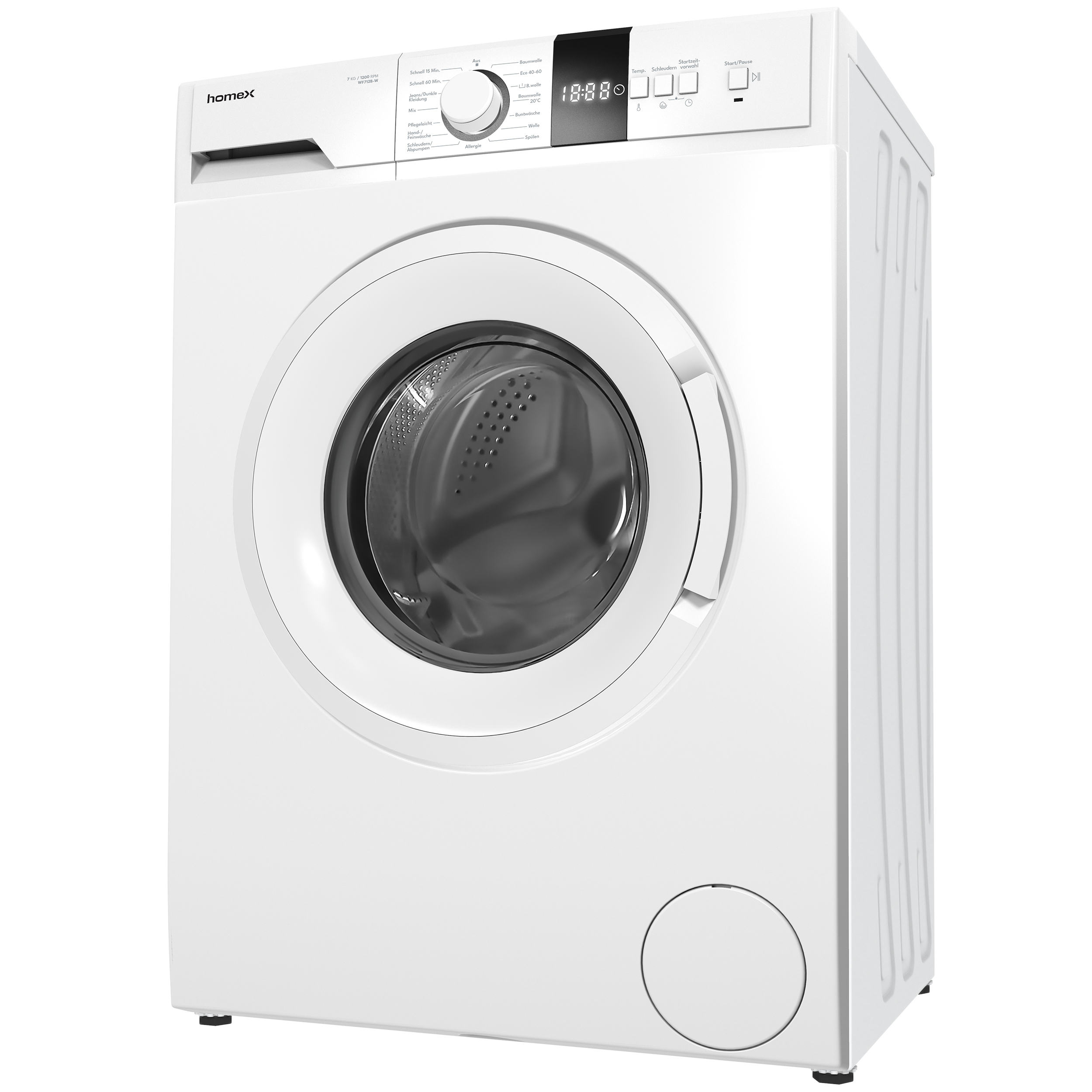 Eine Waschmaschine, weiß, mit Bedienfeld oben.