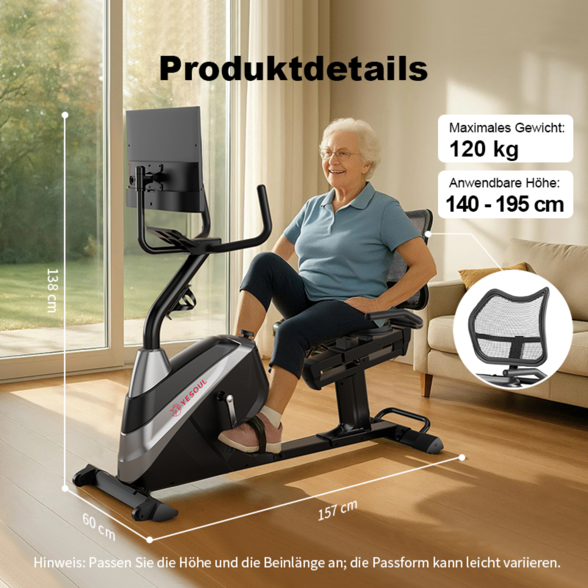 Eine ältere Frau trainiert auf einem Heimtrainer. Das Fahrrad hat ein Display, sie trägt Sportkleidung.