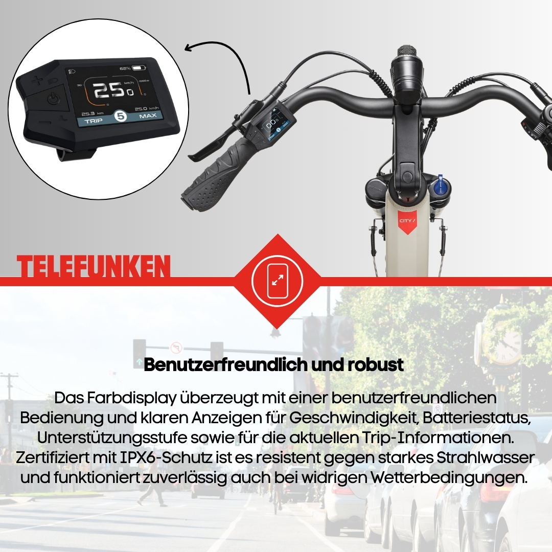 Elektroroller mit Display, das Geschwindigkeit und Batterie anzeigt. Das Bild ist in einer Straßenszene.