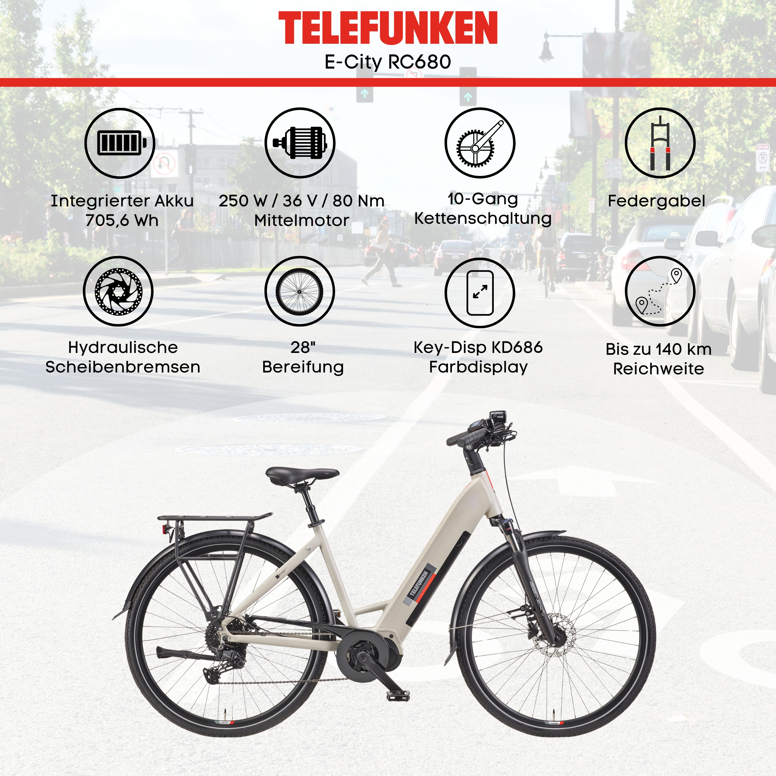Ein Elektrofahrrad mit Spezifikationen. Das Fahrrad ist beige mit schwarzen Akzenten, roter Hintergrund.