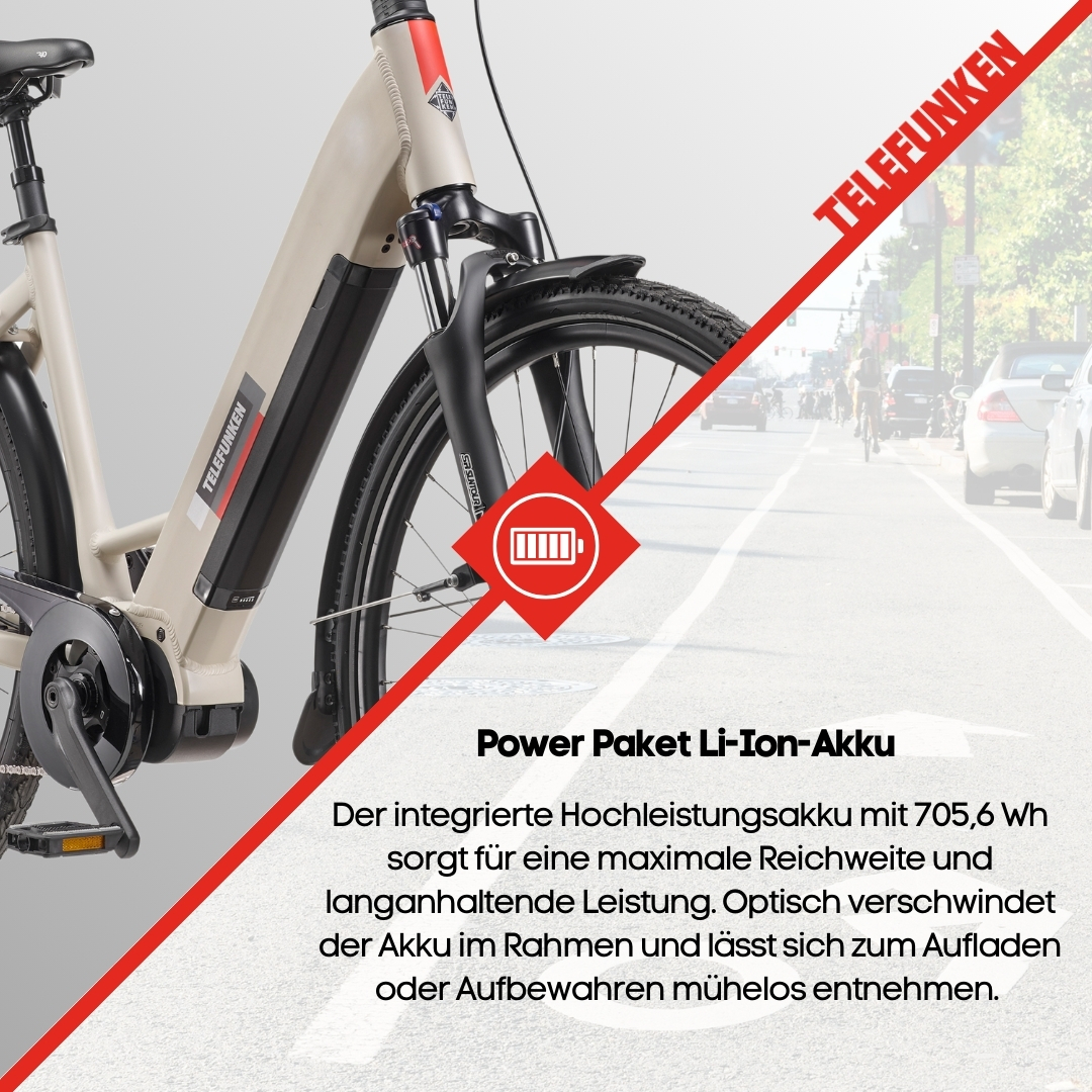 Ein Elektrofahrrad mit Text 'Power Paket Li-Ion-Akku' und einem Akku-Symbol. Straße im Hintergrund.