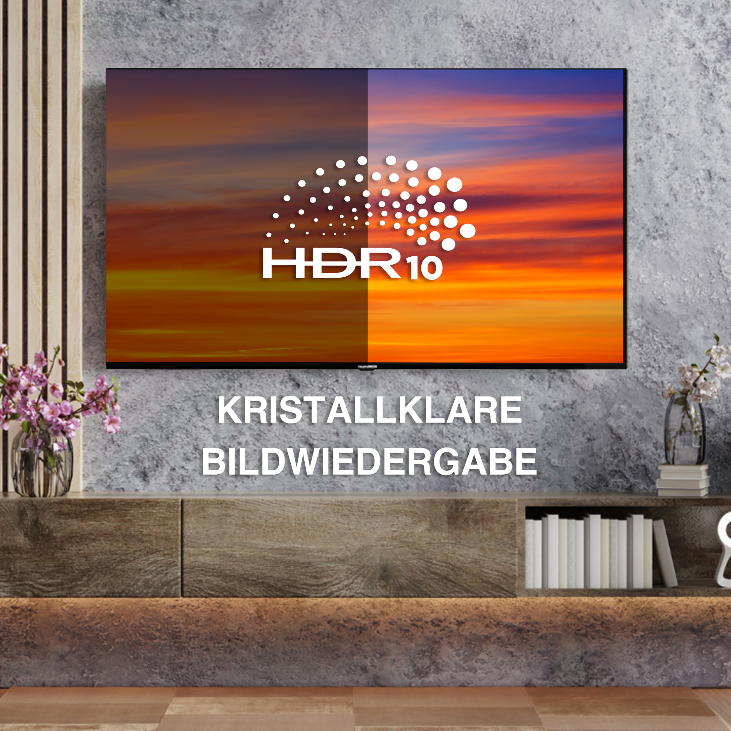 Écran TV avec coucher de soleil. Textes 'HDR10' et 'Kristallklare Bildwiedergabe'.