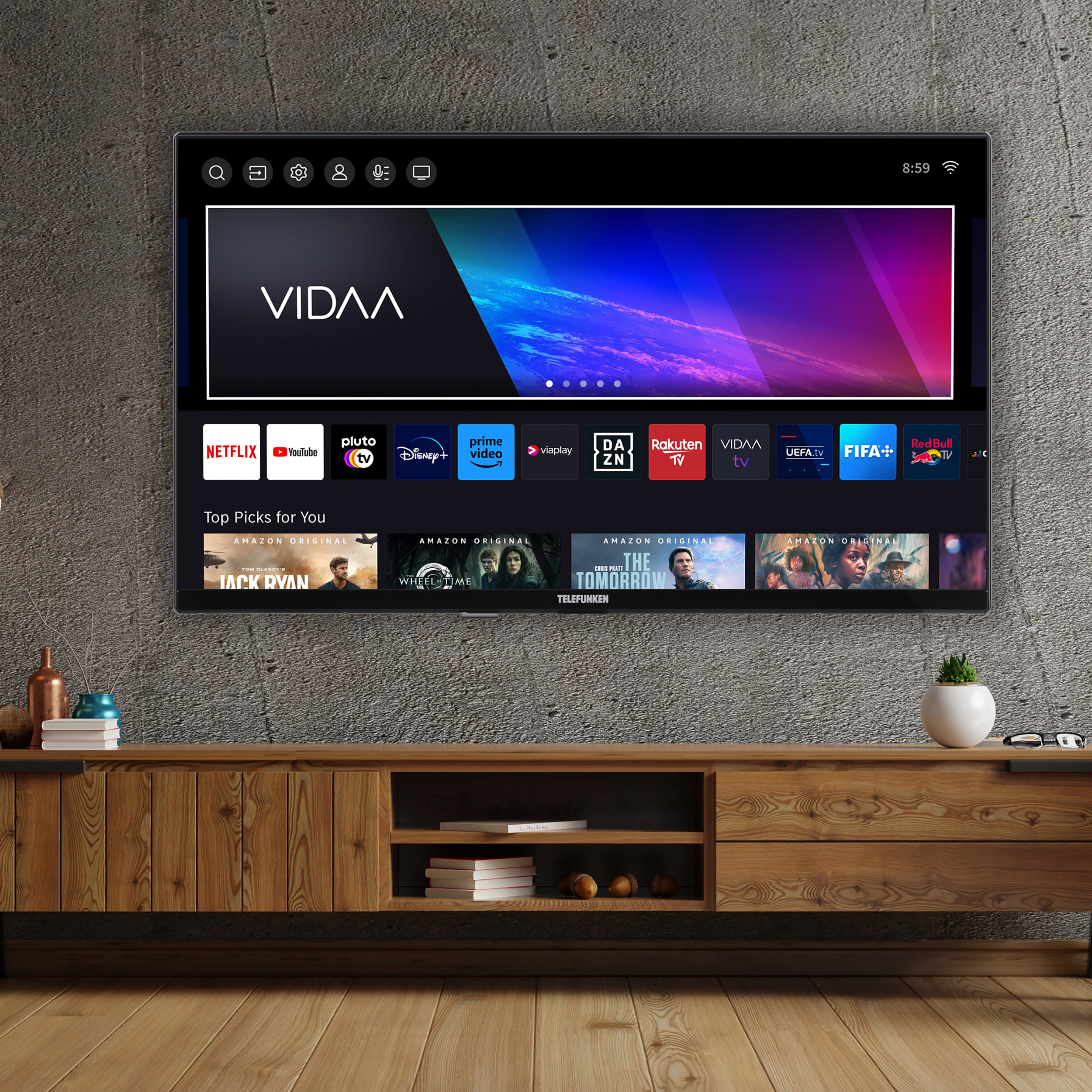 Une TV affiche l'interface VIDAA. Des applications comme Netflix, YouTube, etc. sont visibles.