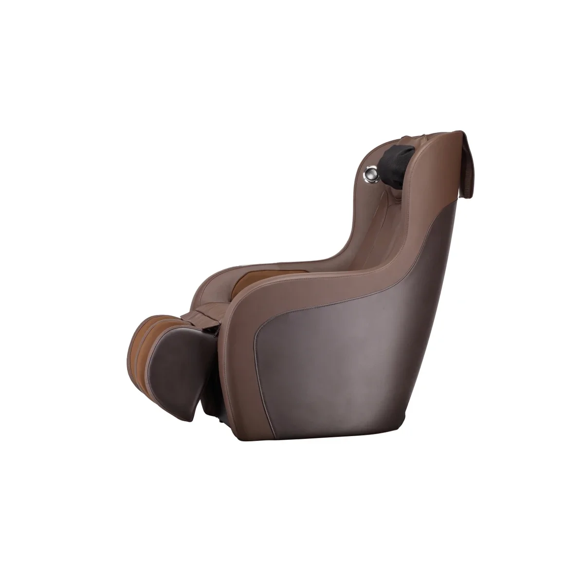 Brown and black massage chair. The chair is in a reclined position and on a white background.