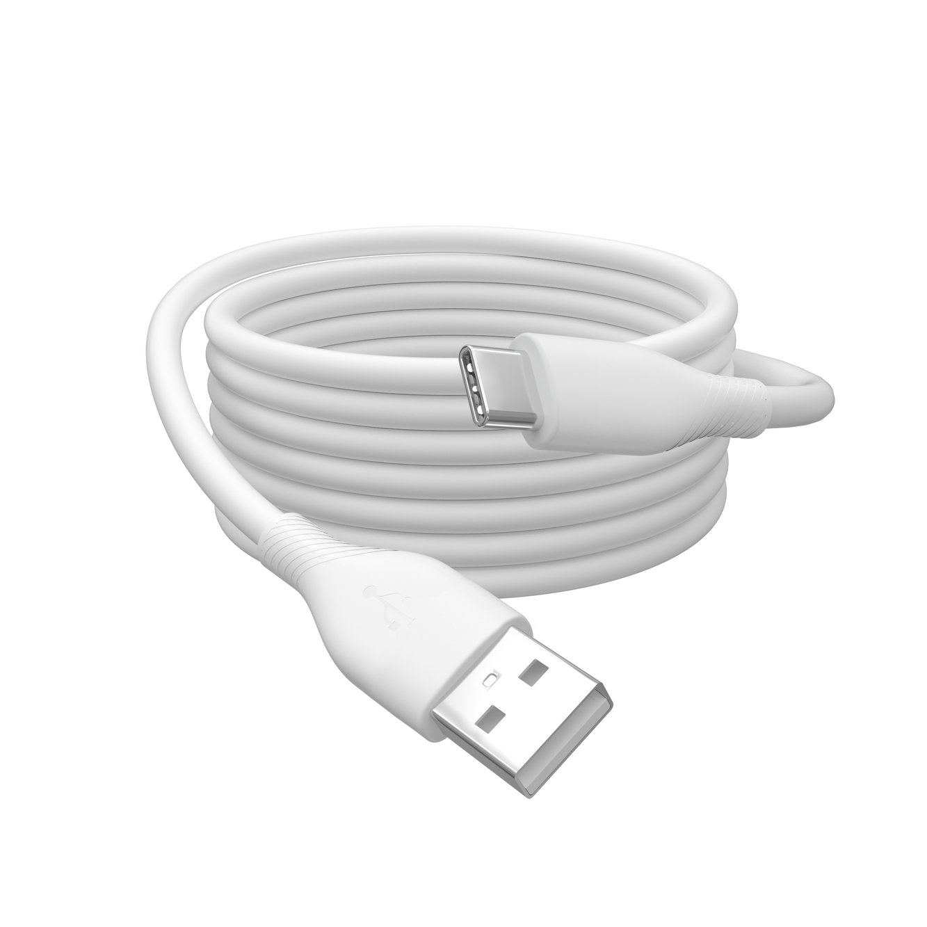 Câble USB-C vers USB blanc, enroulé, sur fond blanc.