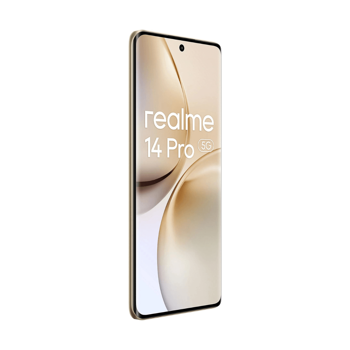 Złoty telefon Realme 14 Pro 5G, biały ekran, zakrzywiona krawędź, białe tło.