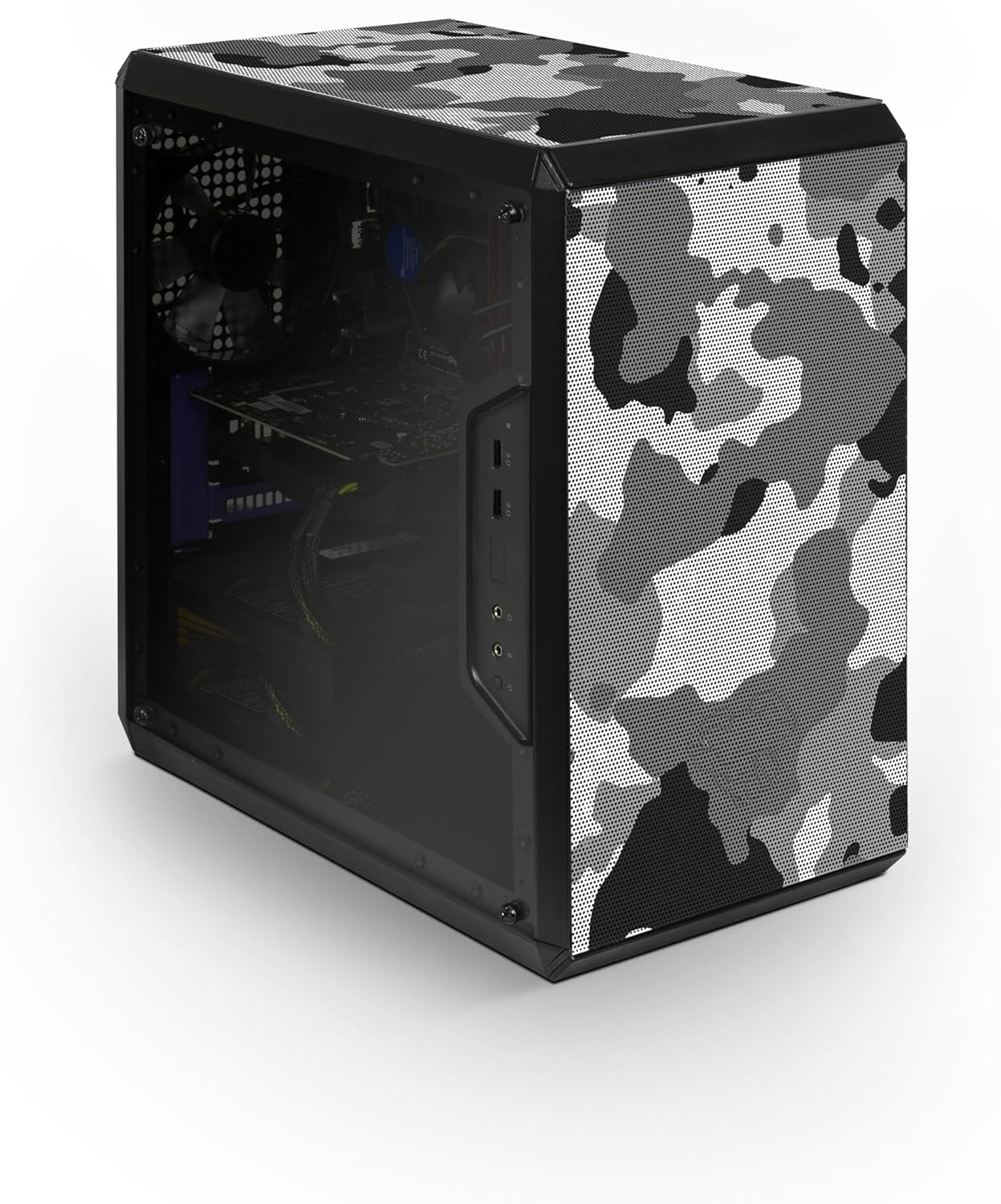 Obudowa komputera z szarym wzorem kamuflażu. Białe tło, szklany panel boczny.