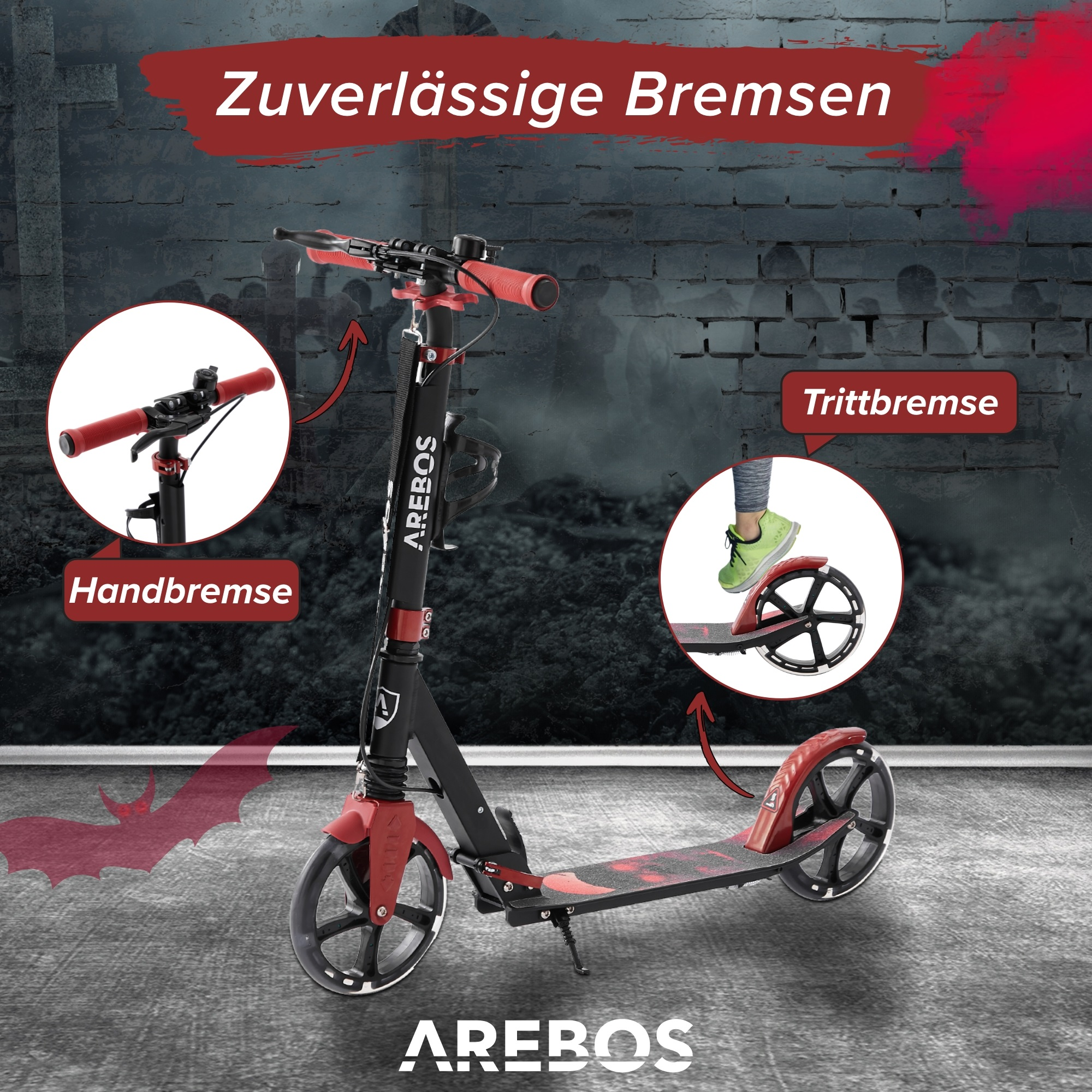 Schwarzer und roter Roller mit Bremsdetails, Text-Overlay auf grauem Hintergrund.