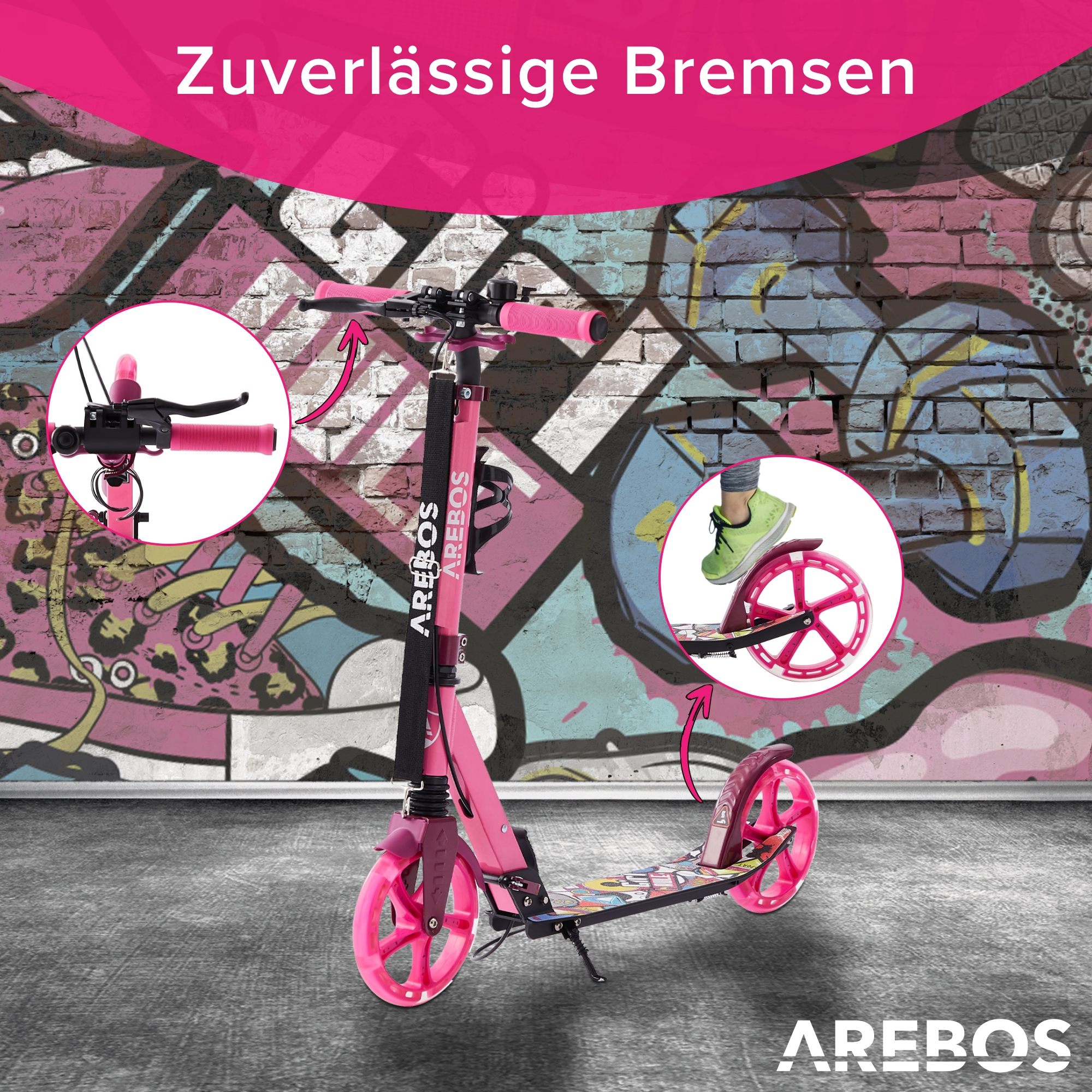 Rosa Roller mit Bremsdetails und Text-Overlay, mit Graffiti-Hintergrund.