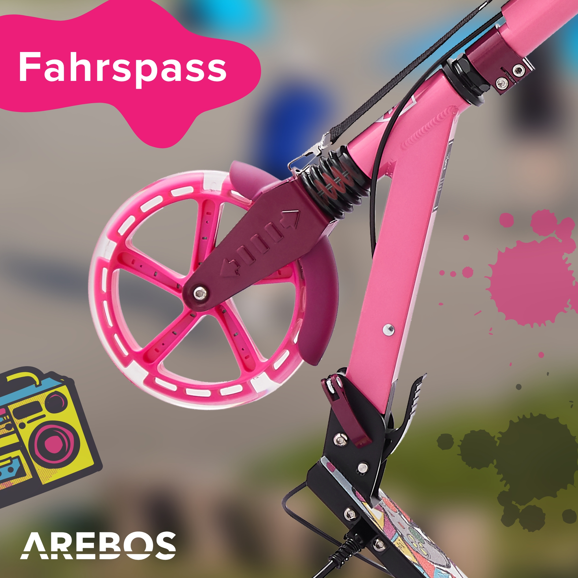 Rosa Rollerrad mit rosa Felge, schwarz-weißen Details und rosa Kotflügel.