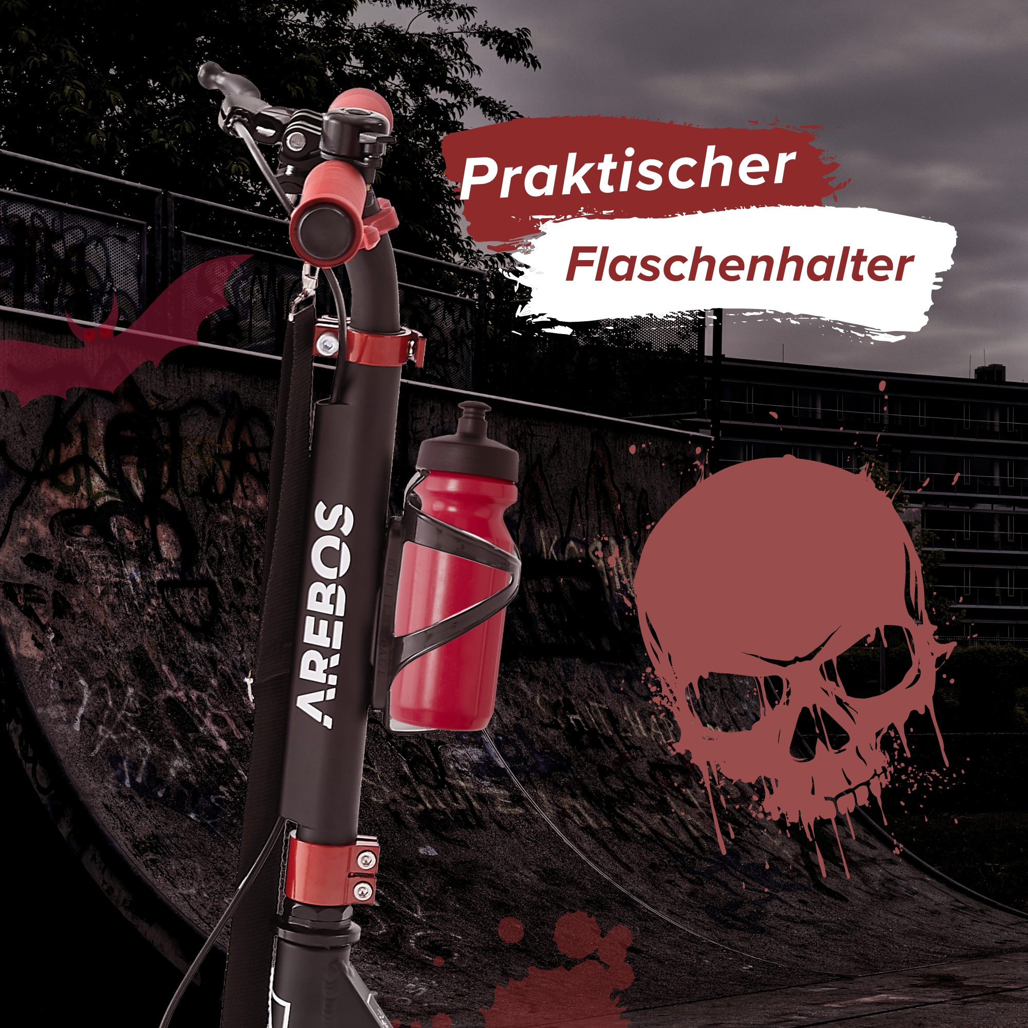 Schwarz-roter Roller mit Flaschenhalter und Totenkopf, Text-Overlay auf dunklem Hintergrund.