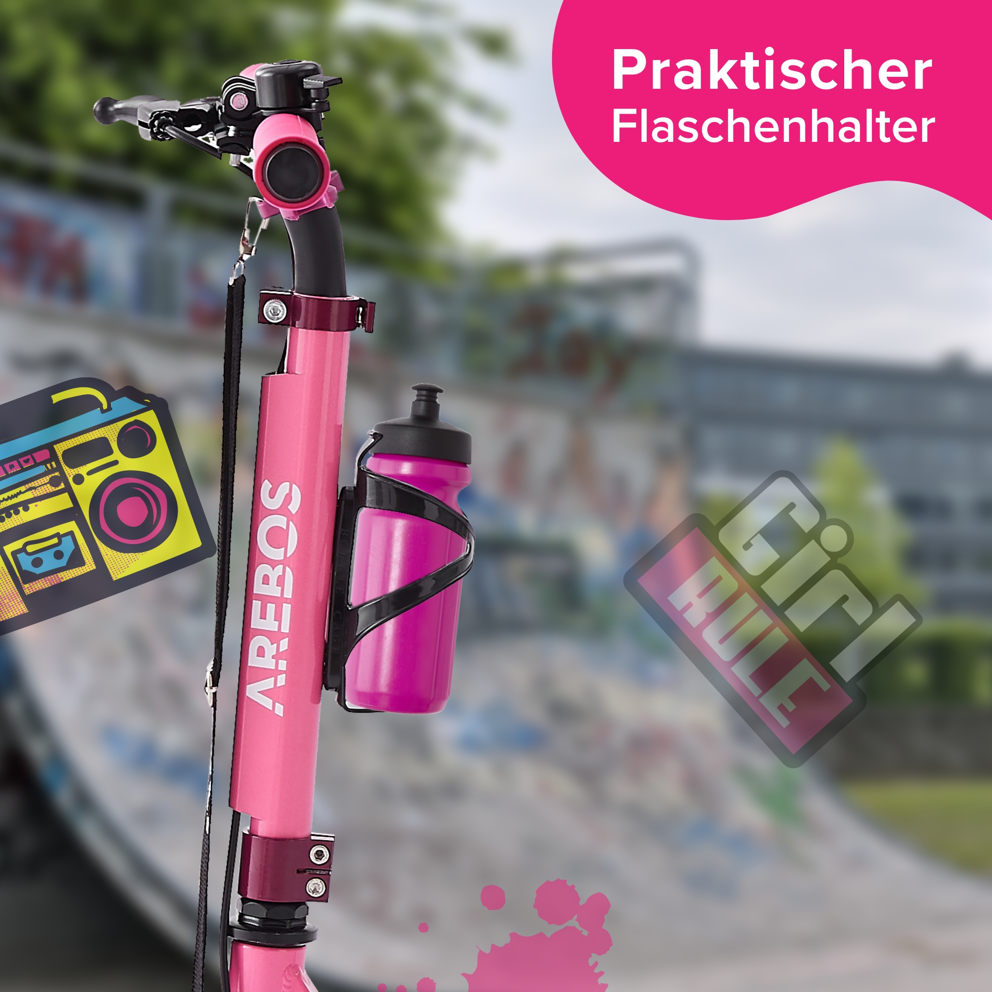 Rosa Roller mit Flaschenhalter, Boombox-Aufkleber und Graffiti-Hintergrund.