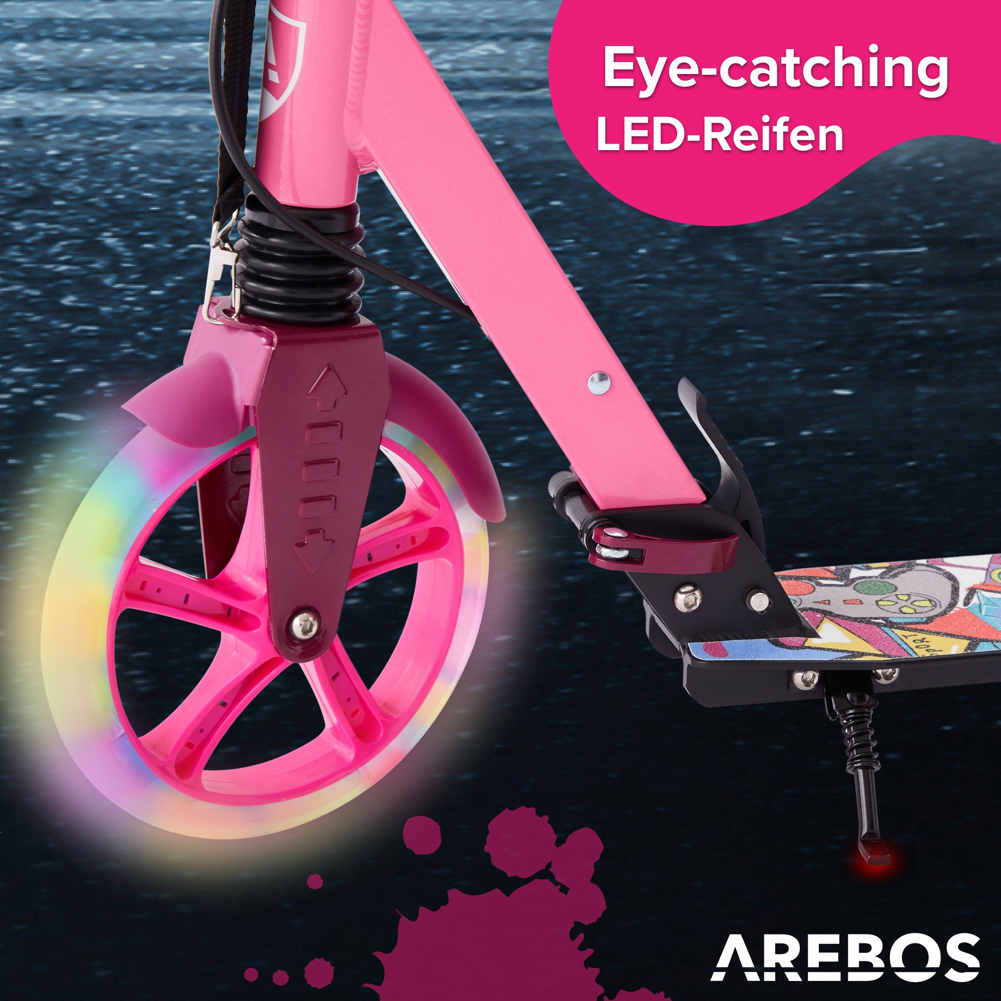 Rosa Rollerrad mit LED-Leuchten, rosa Kotflügel und dunklem Hintergrund.