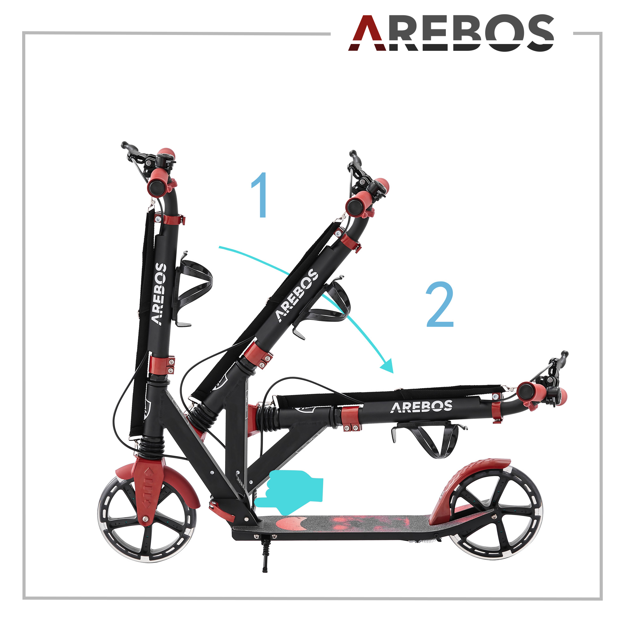 Schwarz-roter Roller in zwei Schritten faltbar, mit Text-Overlay, weißem Hintergrund.