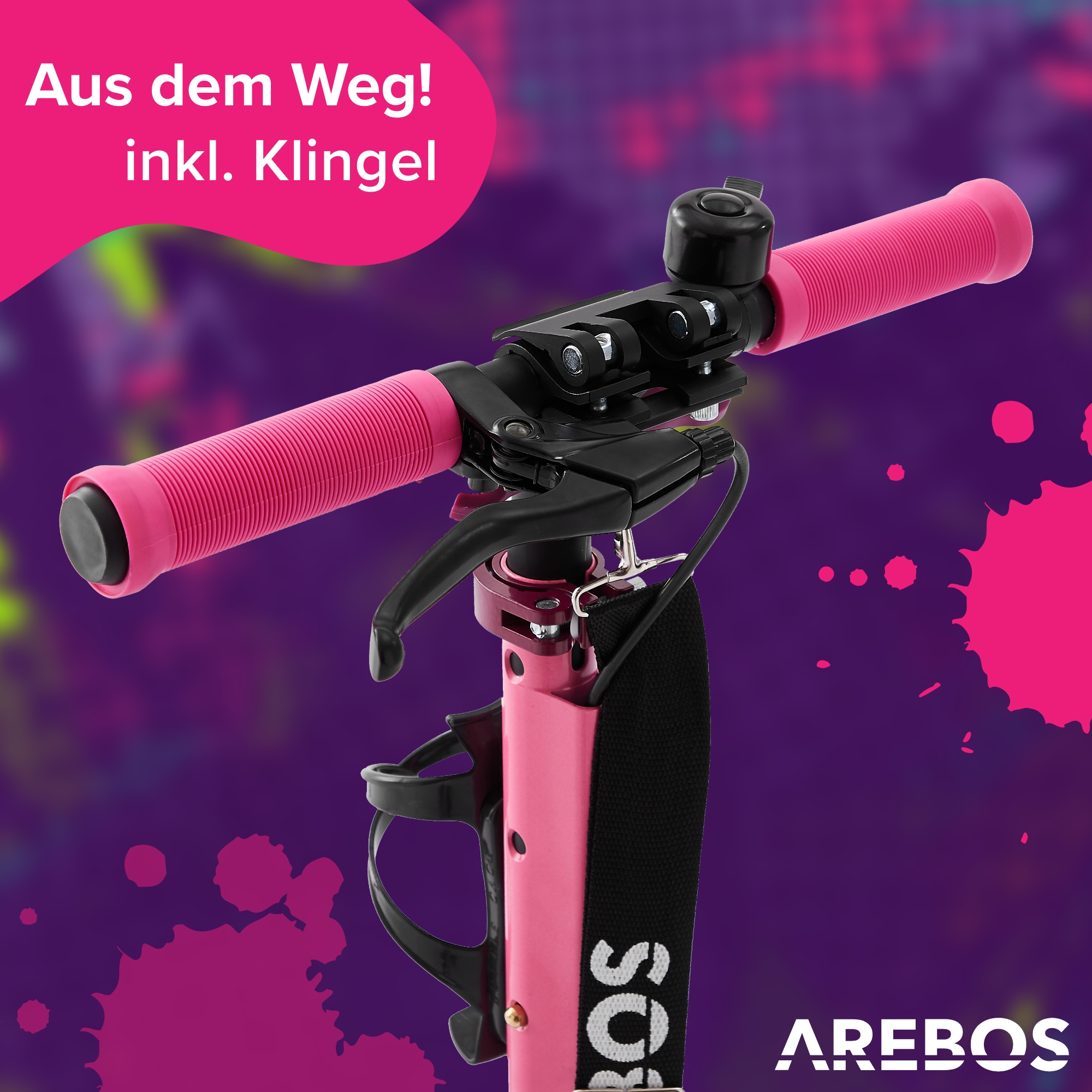Nahaufnahme des rosa Rollerlenkers mit rosa Griffen, Klingel und Text-Overlay.