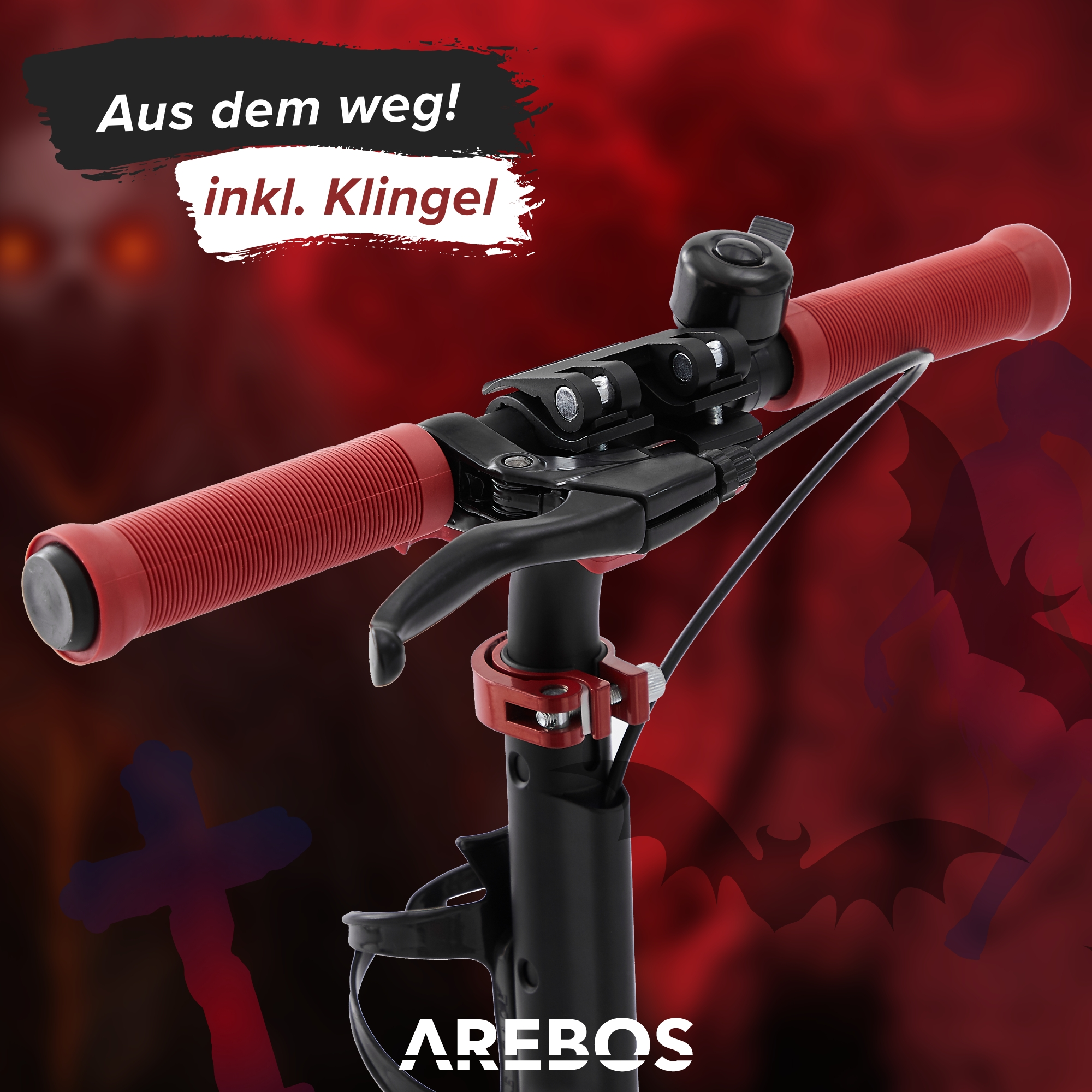 Nahaufnahme des Rollerlenkers mit roten Griffen, Klingel und Text-Overlay.