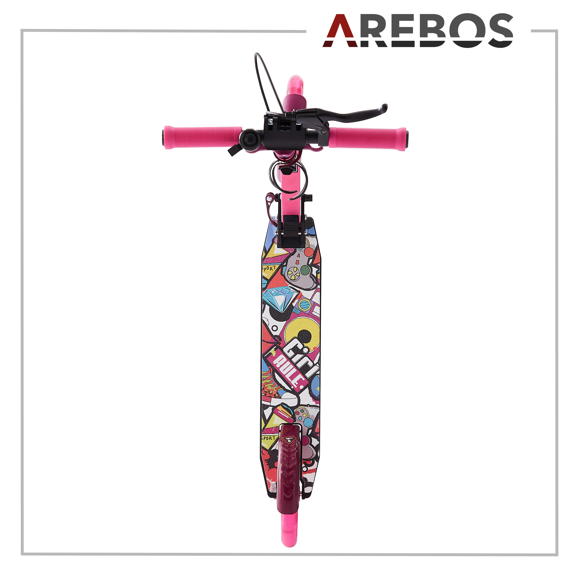 Pinkfarbener Roller mit bunten Aufklebern. Das Wort AREBOS steht oben.