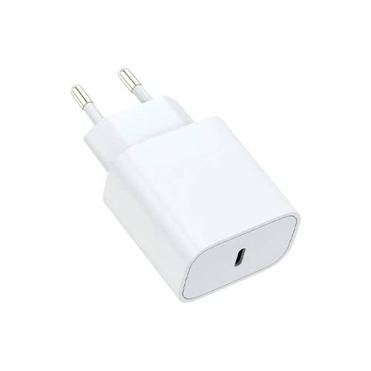 Caricatore bianco con porta Type-C e due pin, isolato su bianco.