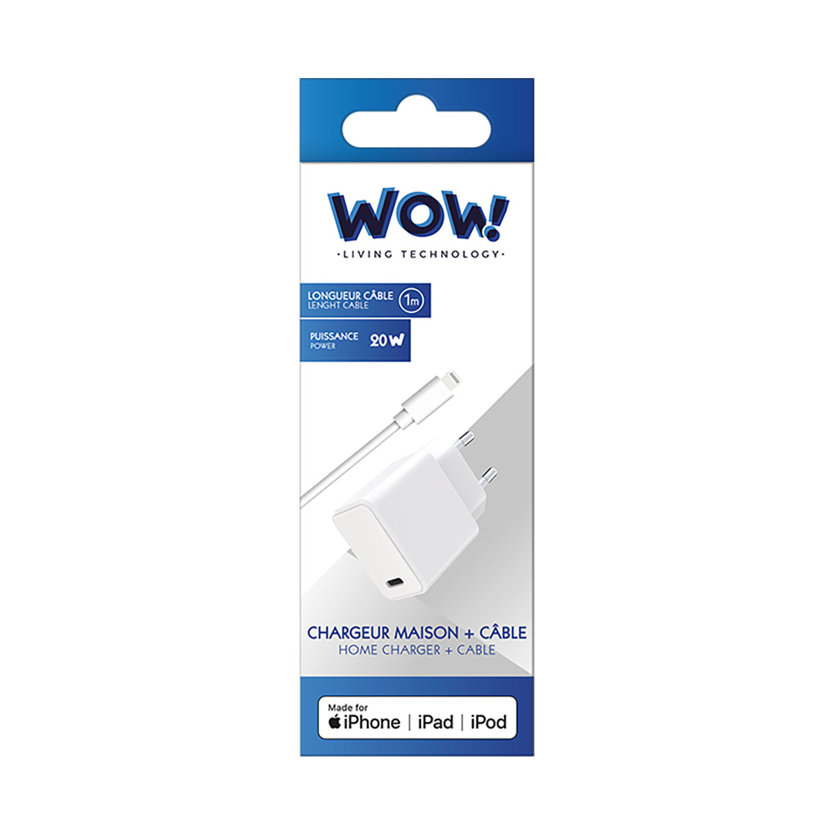 Scatola con caricabatterie e cavo bianchi con testo: Wow! Living Technology. 20W.