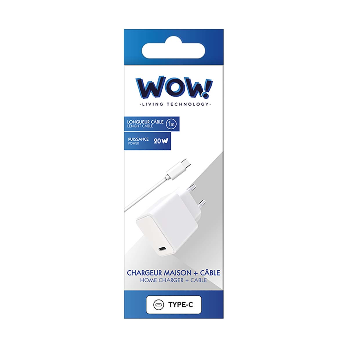 Weißes Ladegerät und Kabel in einer blau-weißen Box auf weißem Hintergrund.