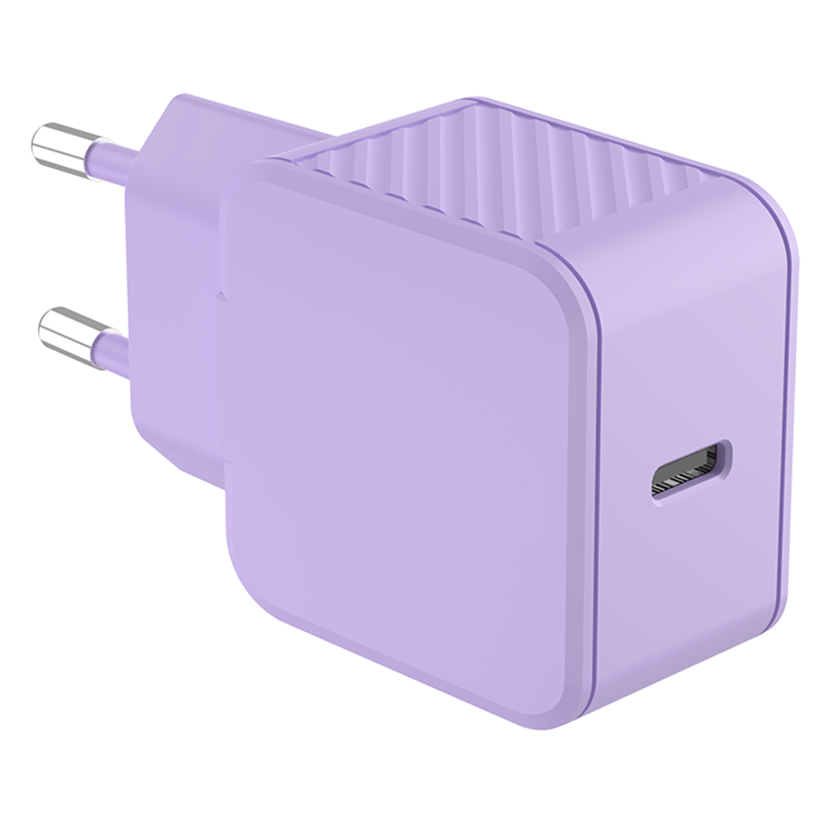 Lilafarbenes Ladegerät mit einem USB-C-Anschluss.