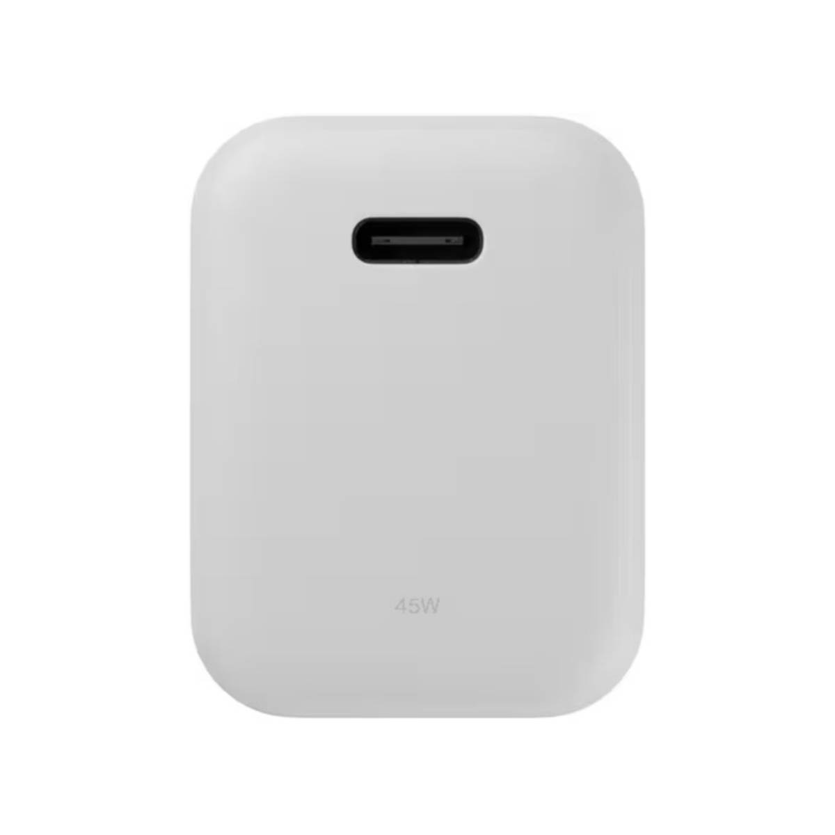 Un caricabatterie bianco con porta USB-C. Il caricabatterie è arrotondato.