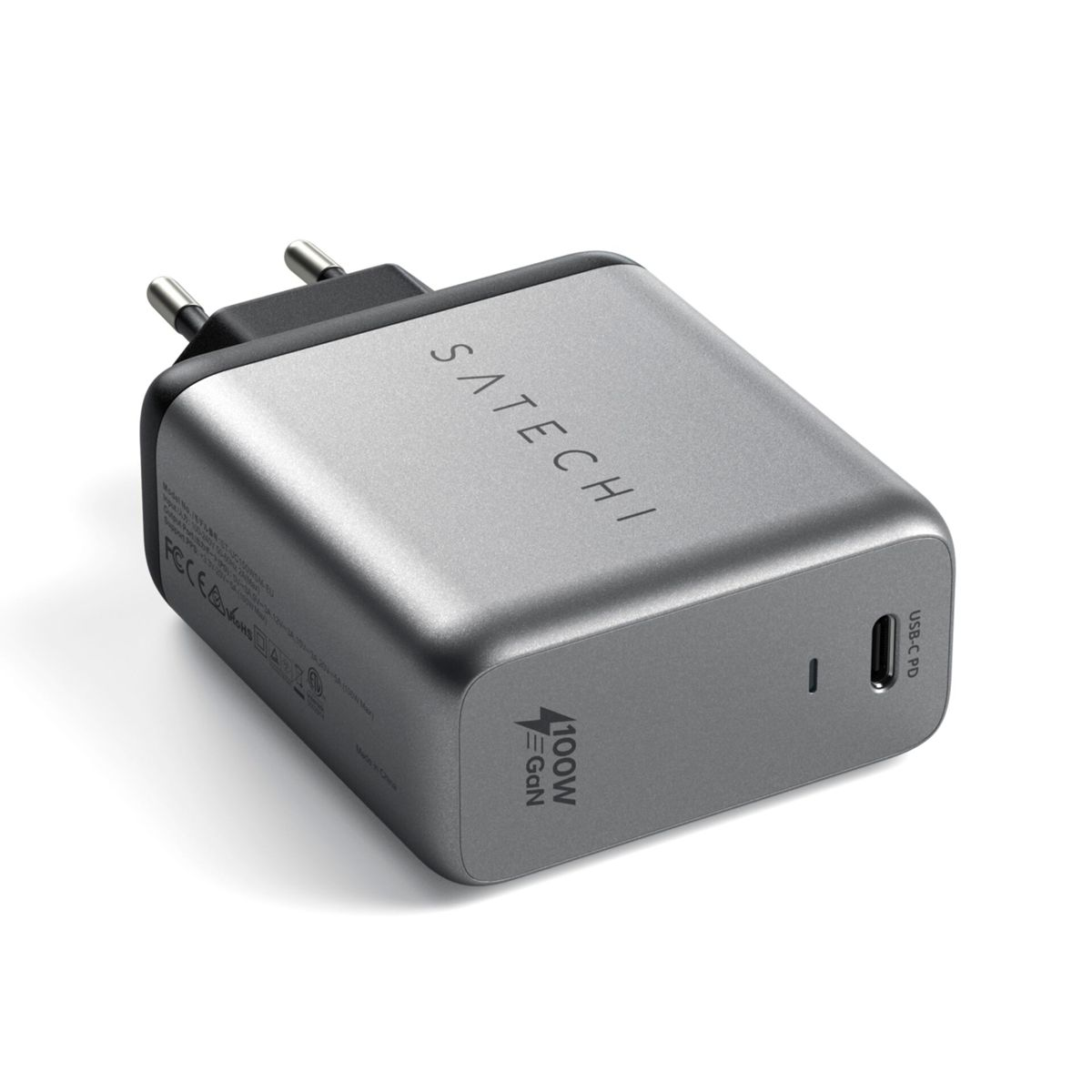 Caricabatterie grigio con il testo: Satechi, 100W e una porta USB-C.