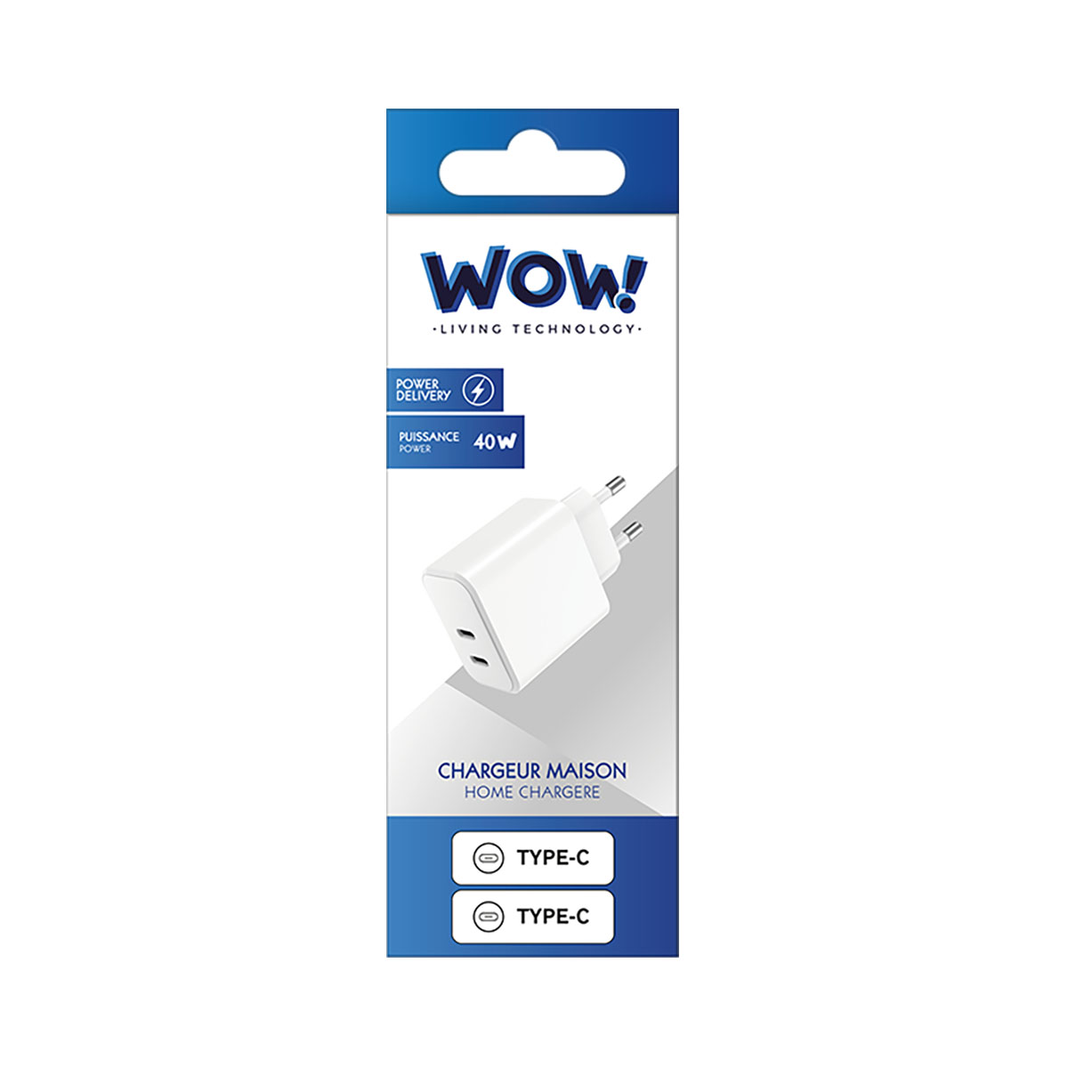 Box mit weißem Ladegerät mit zwei USB-C-Anschlüssen und Text: Wow! Living Technology. 40W.