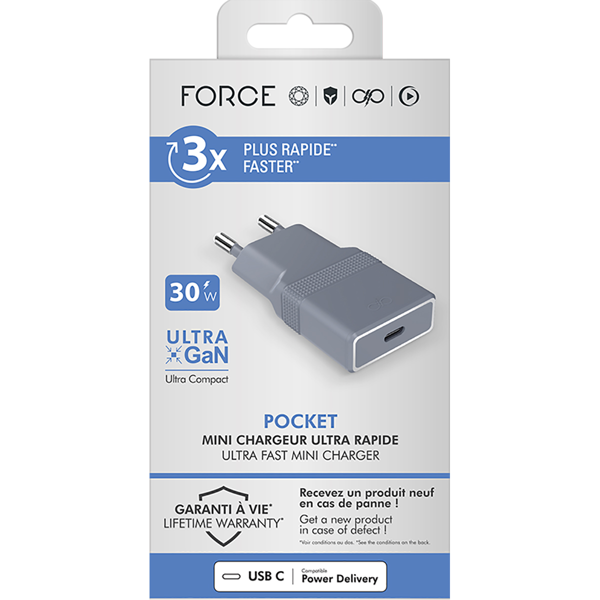 Grauer Force Ultra Fast Mini Charger, 30W mit USB-C-Anschluss, auf weißem Hintergrund.
