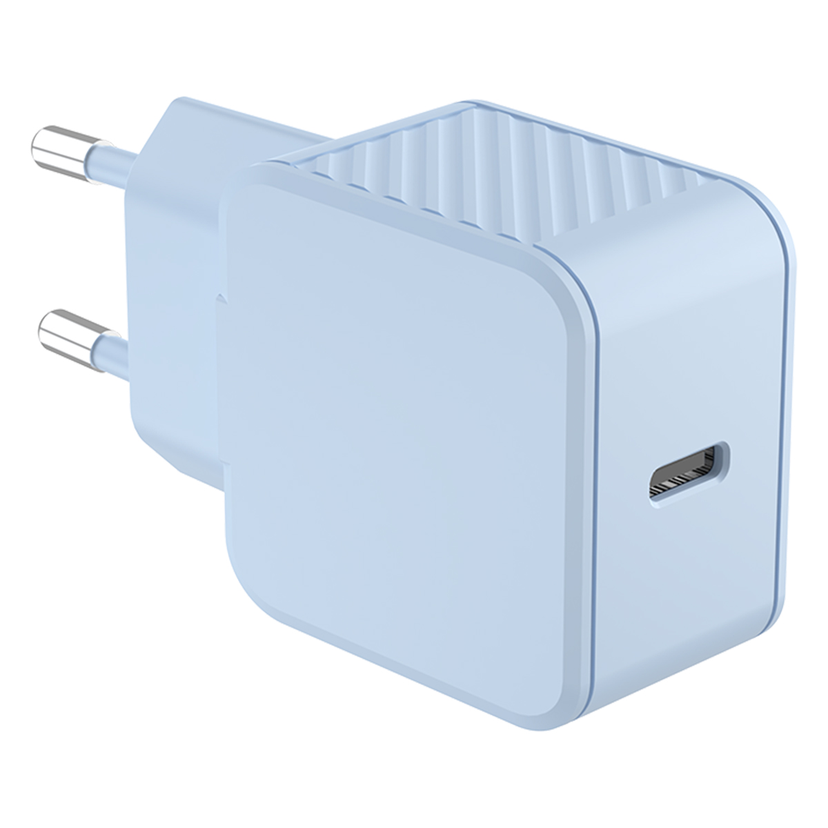 Hellblaues Wandladegerät mit zwei Stiften und einem USB-C-Anschluss. Abgewinkelte Rillen an der Seite.