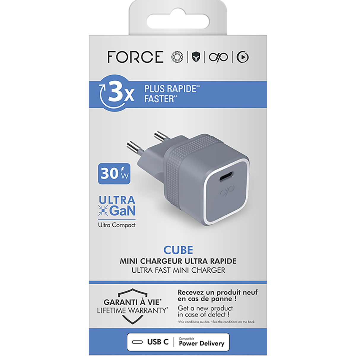 Graues Wandladegerät mit Verpackung. Verpackungstext: Cube, Ultra Fast Mini Charger, USB C, Power Delivery.