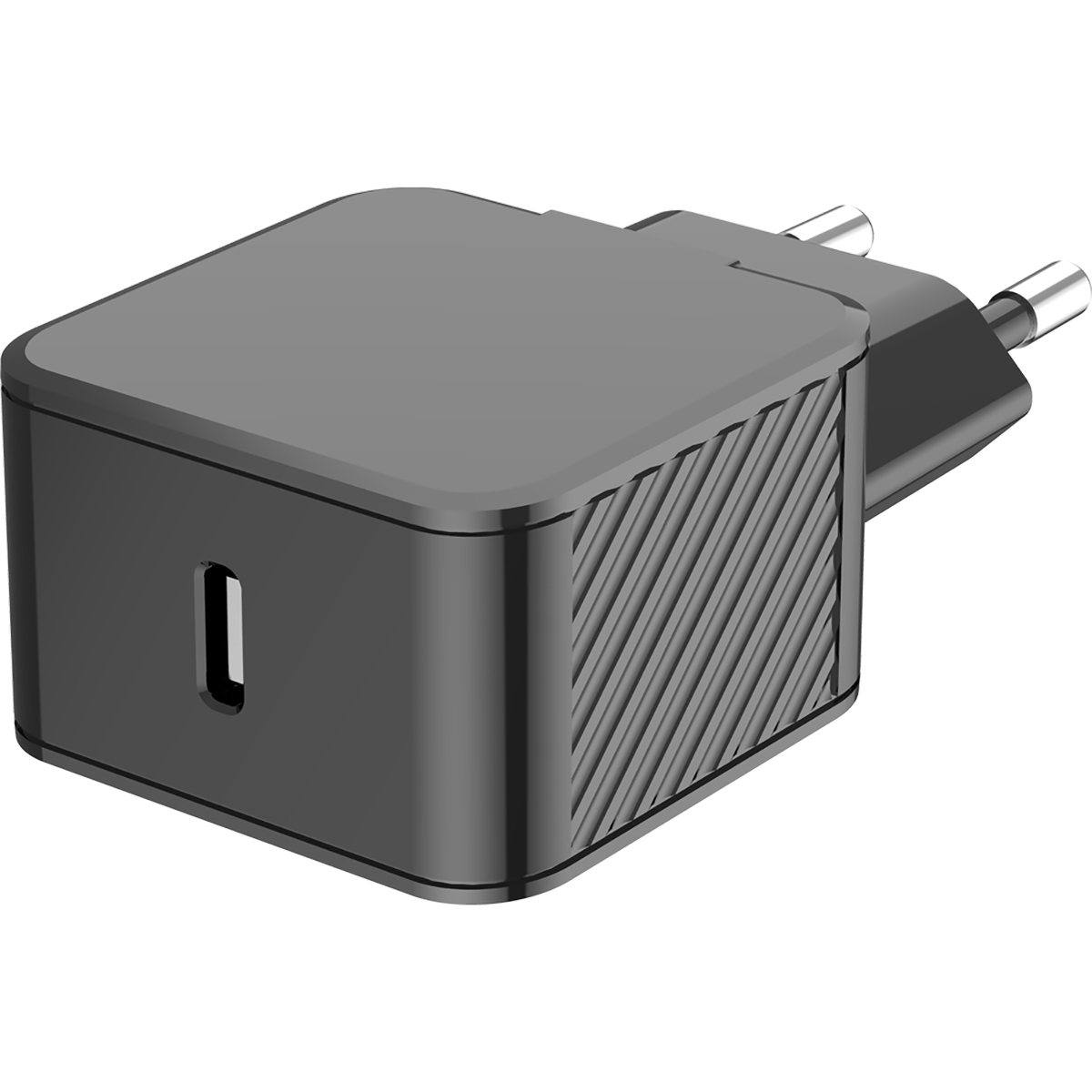 Schwarzes Wandladegerät mit einem USB-C-Anschluss. Abgewinkelte Rillen an der Seite.
