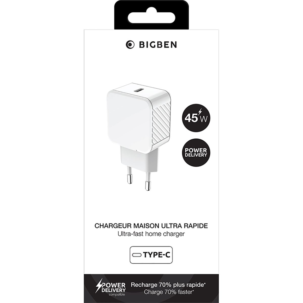 Weißes Wandladegerät mit einem schwarzen USB-C-Anschluss. Schwarzer Text: TYPE-C, 70 % schneller laden.