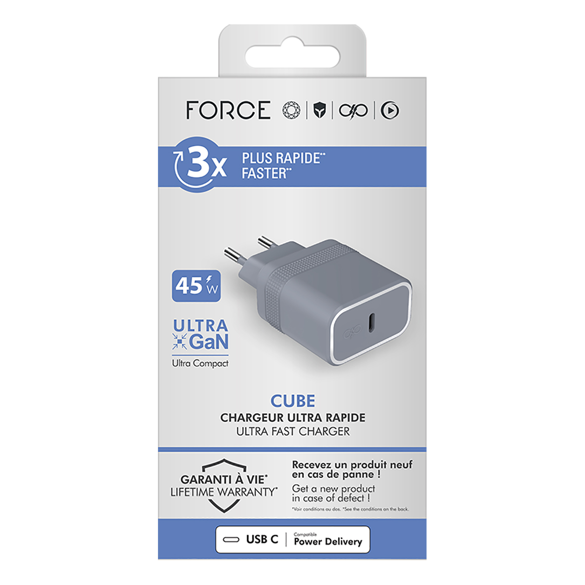 Graues Wandladegerät mit Verpackung. Verpackungstext: 45W, Ultra Fast Charger, Power Delivery, USB C.