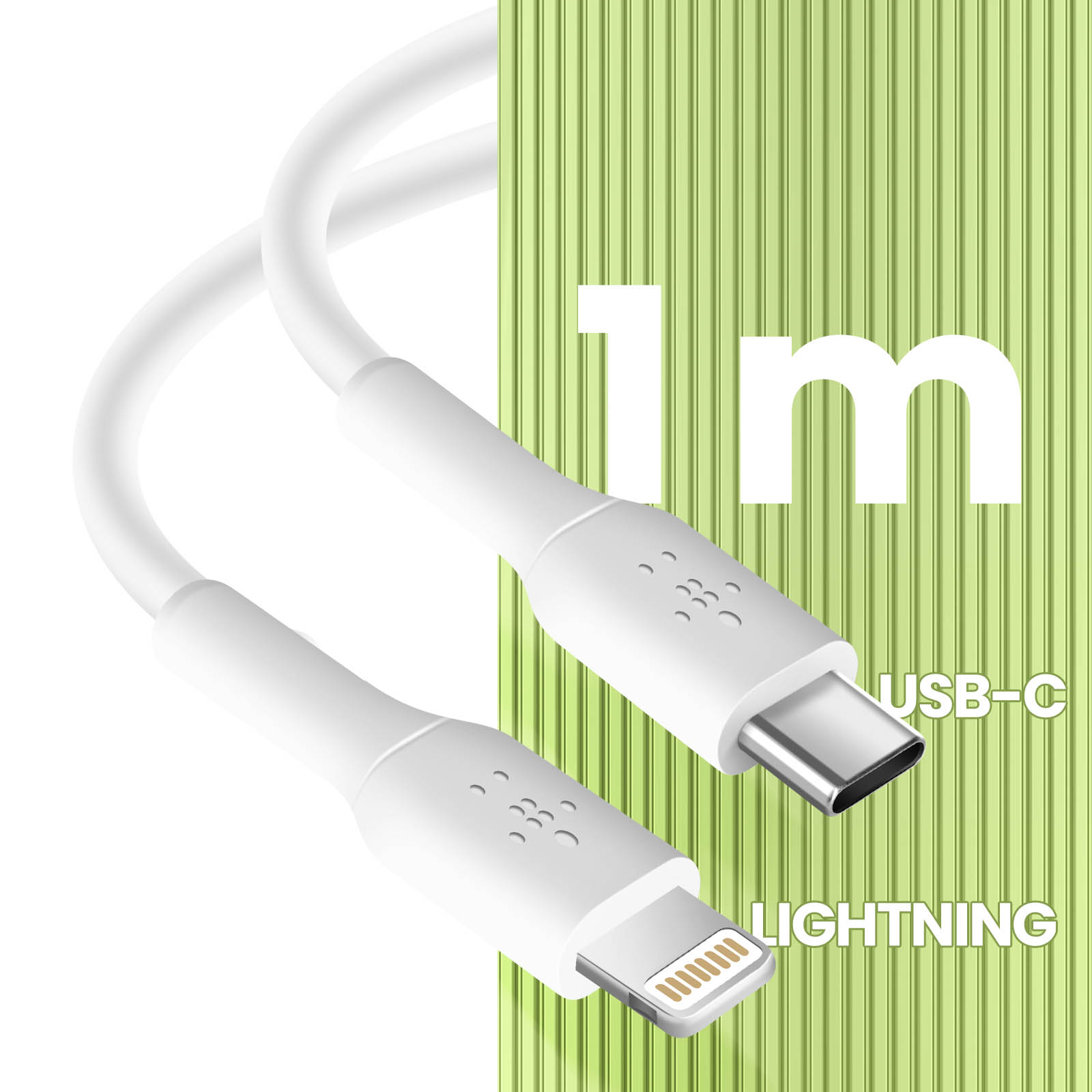 Due cavi bianchi USB-C e Lightning, etichettati con '1m' e 'USB-C' e 'Lightning'.