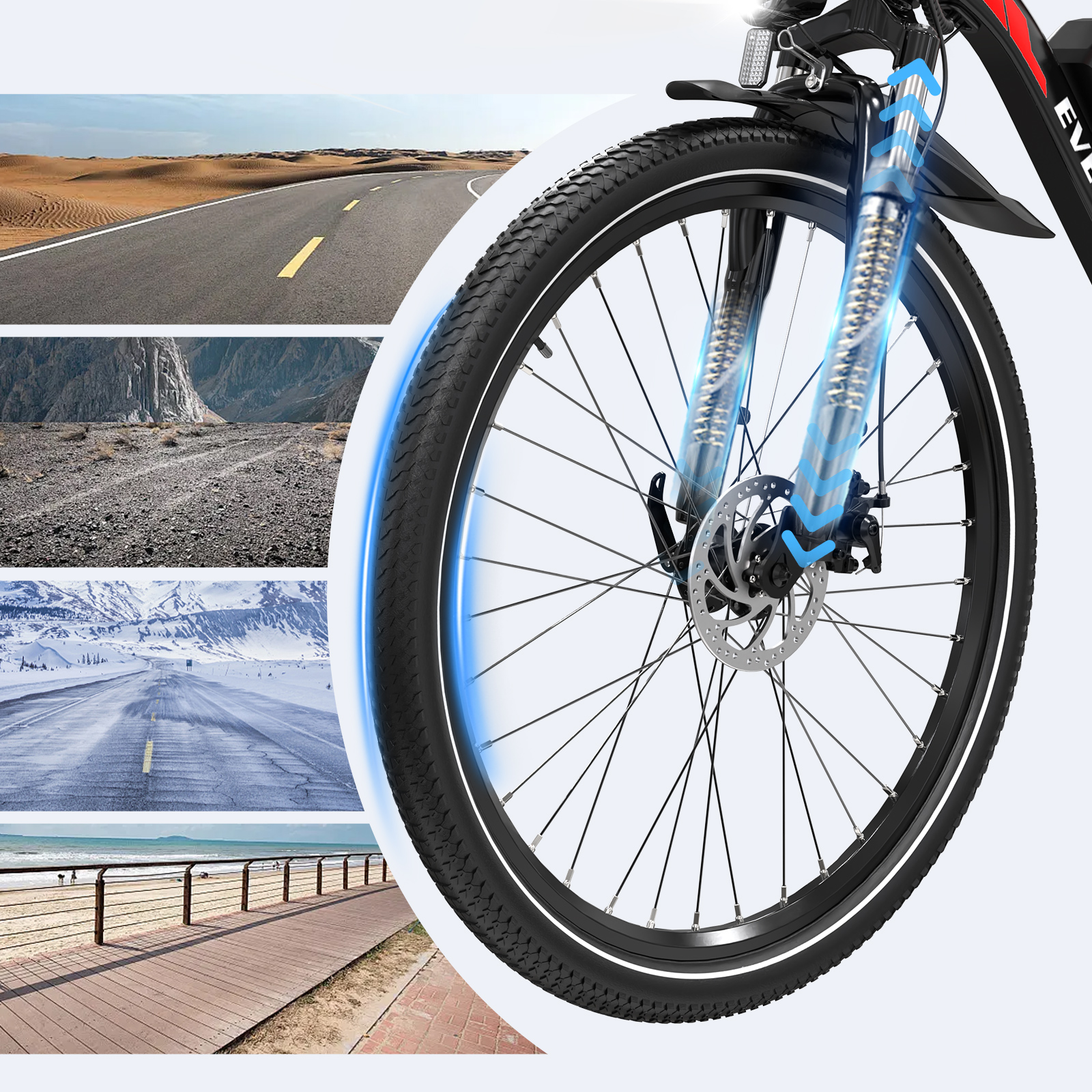 Koło roweru elektrycznego ze zdjęciami różnych terenów. Przednie zawieszenie i światła na rowerze.