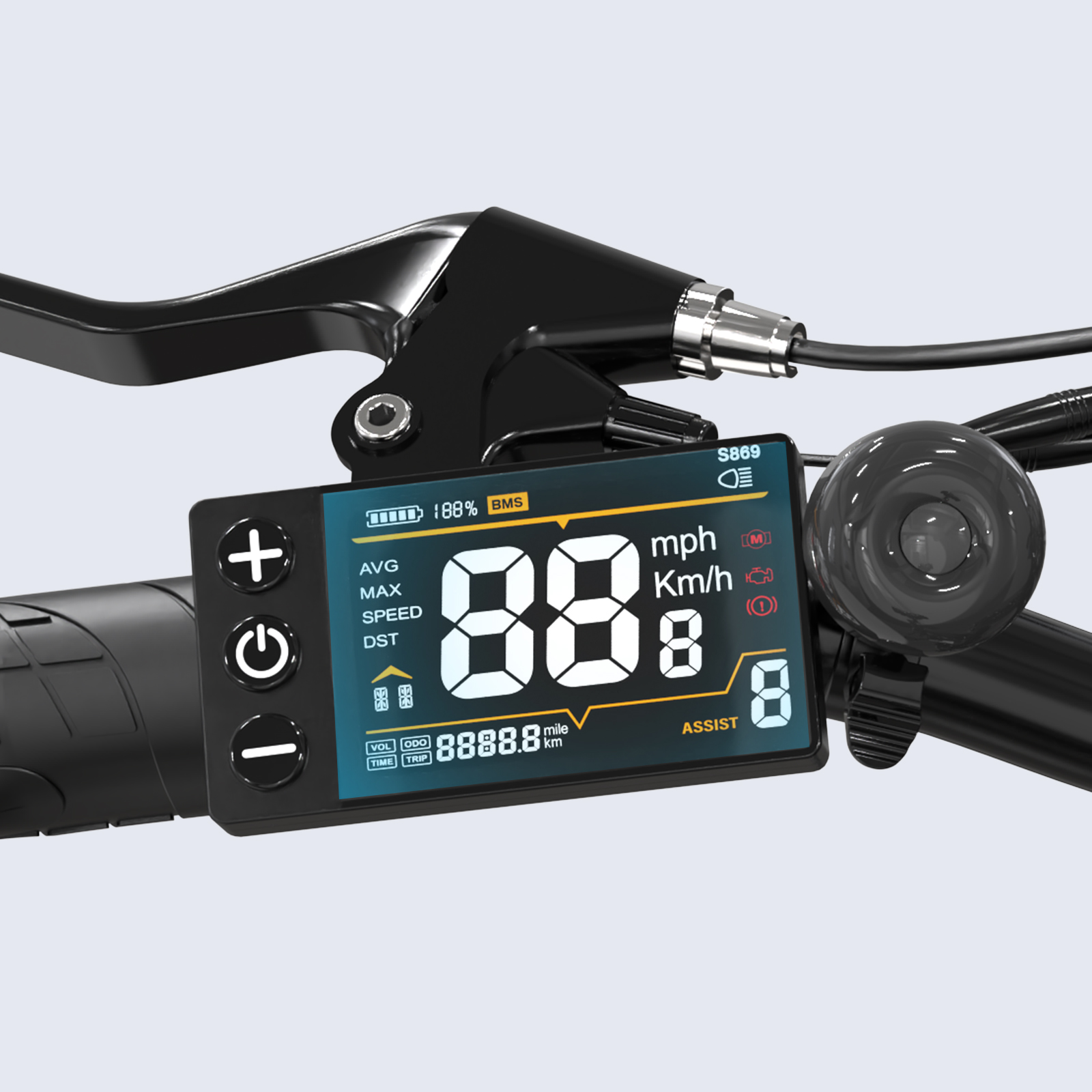 Wyświetlacz roweru elektrycznego pokazuje prędkość, baterię i poziom wspomagania. Czarne uchwyty i dzwonek na białym tle.