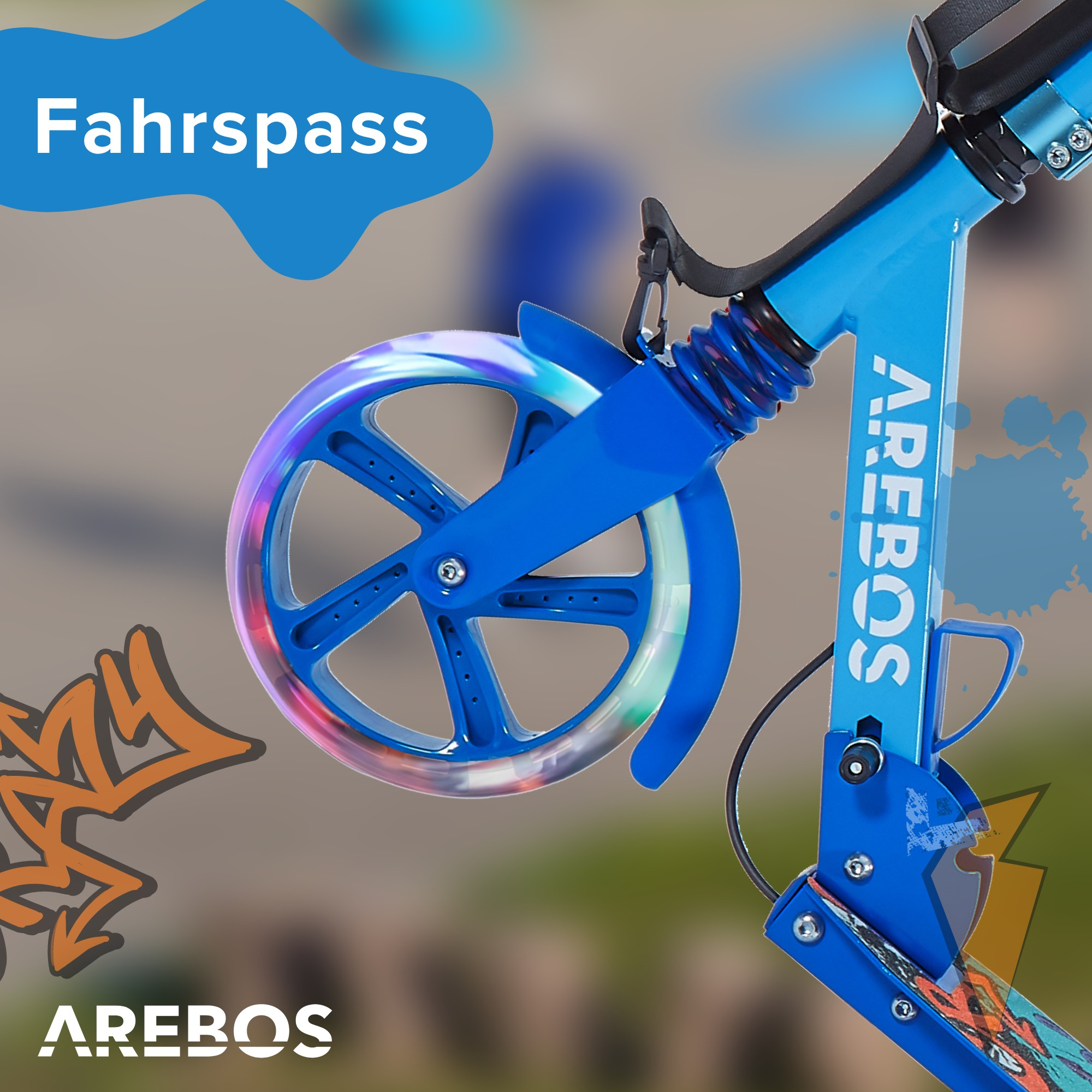 Blau-schwarzer Roller mit dem Wort AREBOS darauf. Die Räder haben bunte Lichter.
