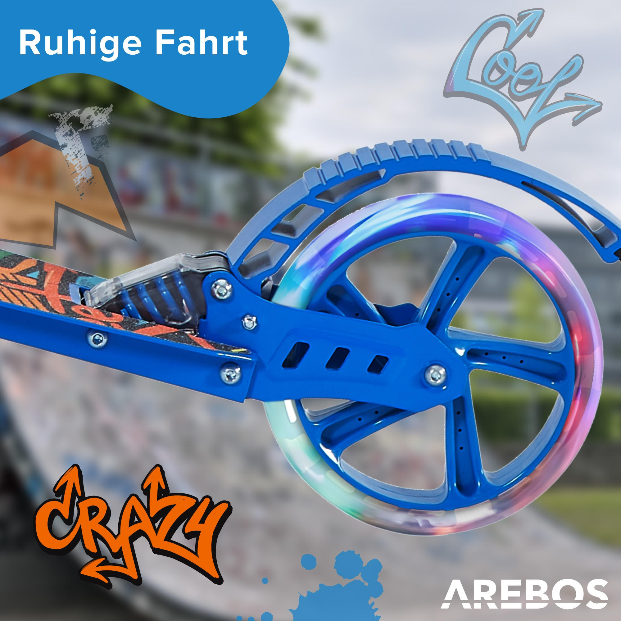 Blaues Rollerrad mit LED-Leuchten und Graffiti-Hintergrund, mit Text.