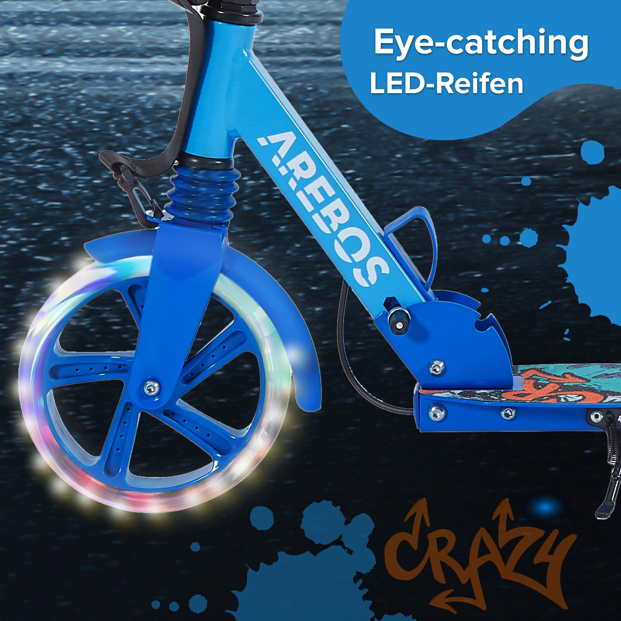 Nahaufnahme eines blauen Roller-Rads mit LED-Leuchten, mit Text über die Lichter.