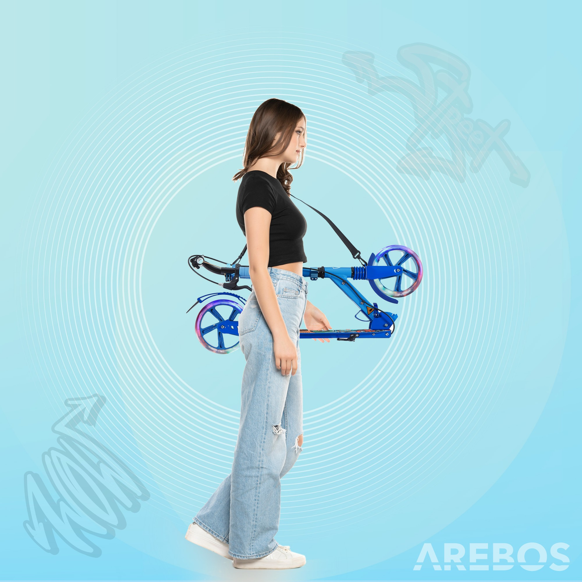 Eine Frau, die einen blauen Roller auf hellblauem Hintergrund trägt.