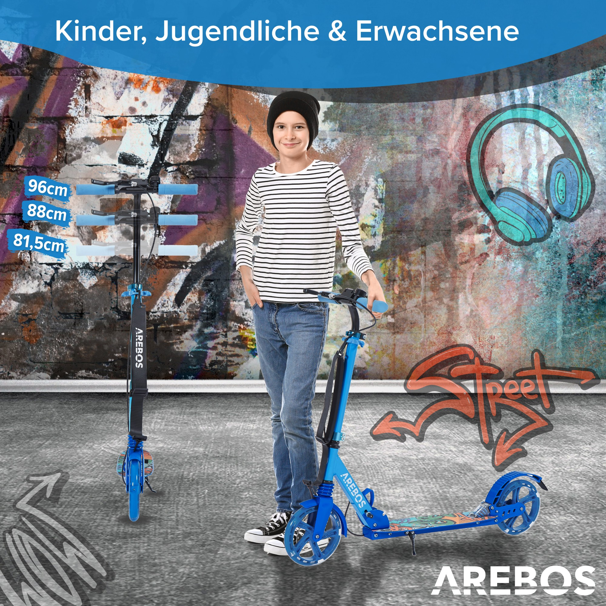 Ein Junge und ein Roller, mit Höhenangaben und Text, vor einer Wand.