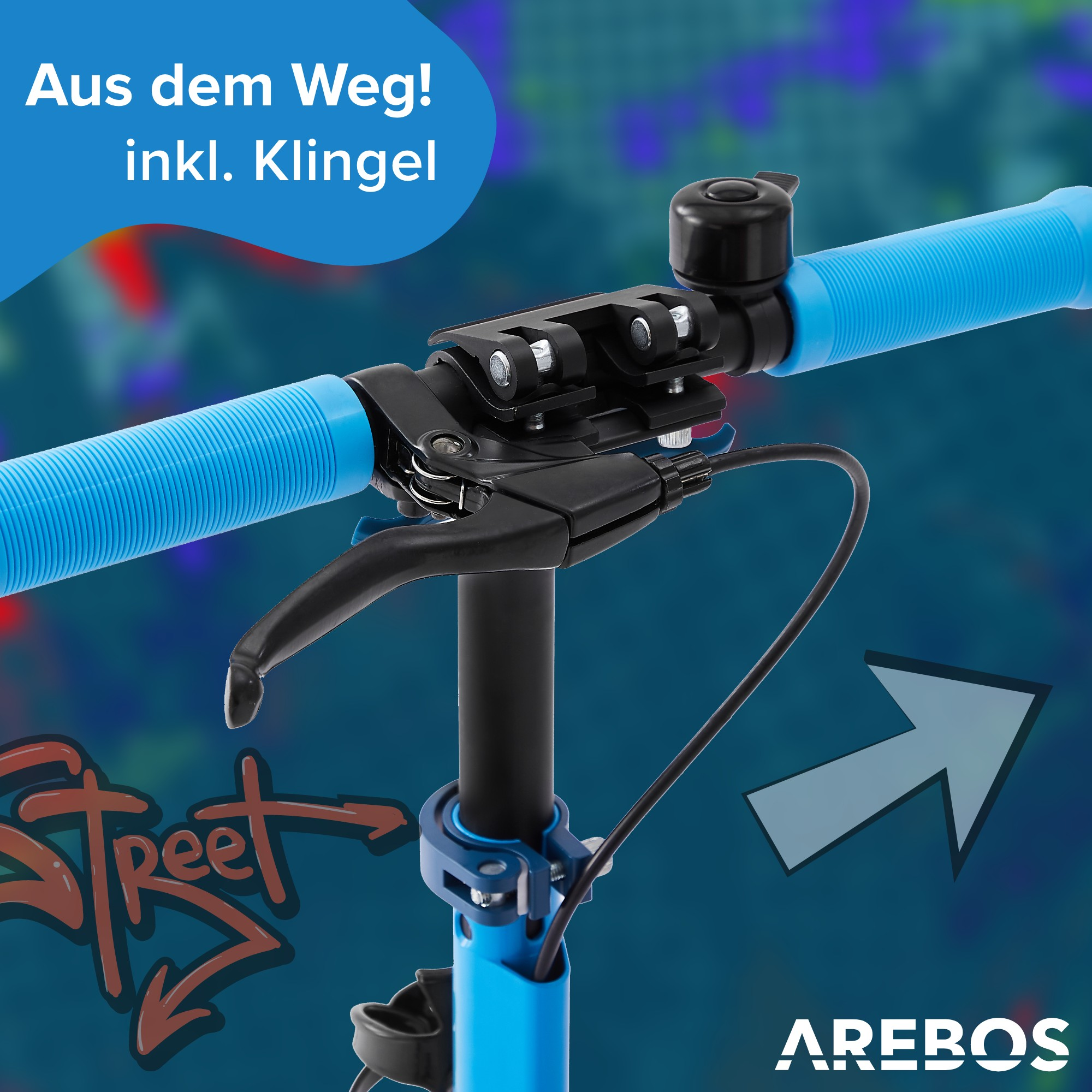 Nahaufnahme des blauen Rollerlenkers mit Klingel und Bremse, mit Text.