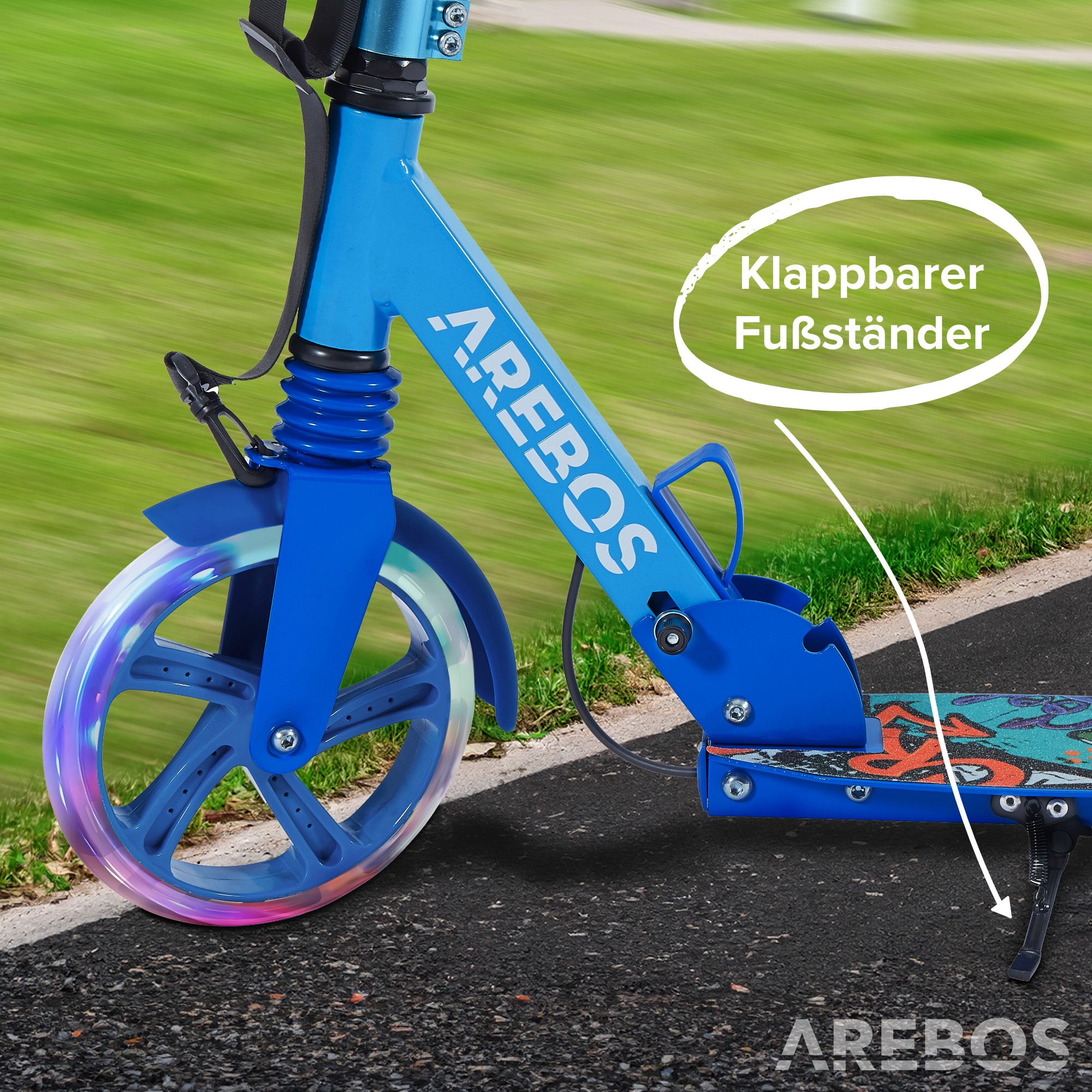 Blaues Rollerrad mit LED-Leuchten und einem zusammenklappbaren Ständer, mit Text.
