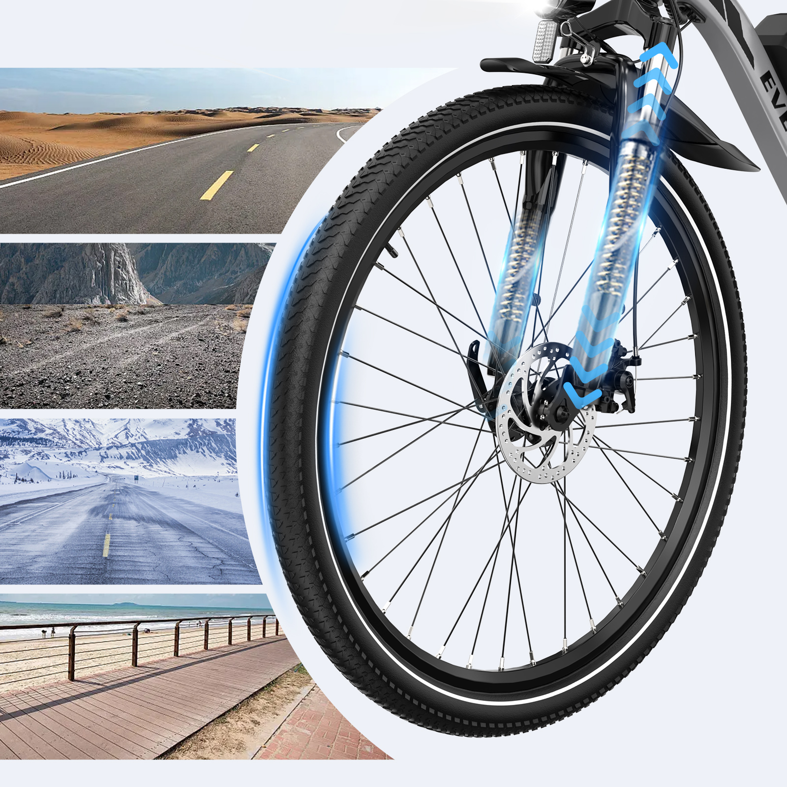 Zbliżenie koła roweru z drogą, żwirem i scenami śnieżnymi.