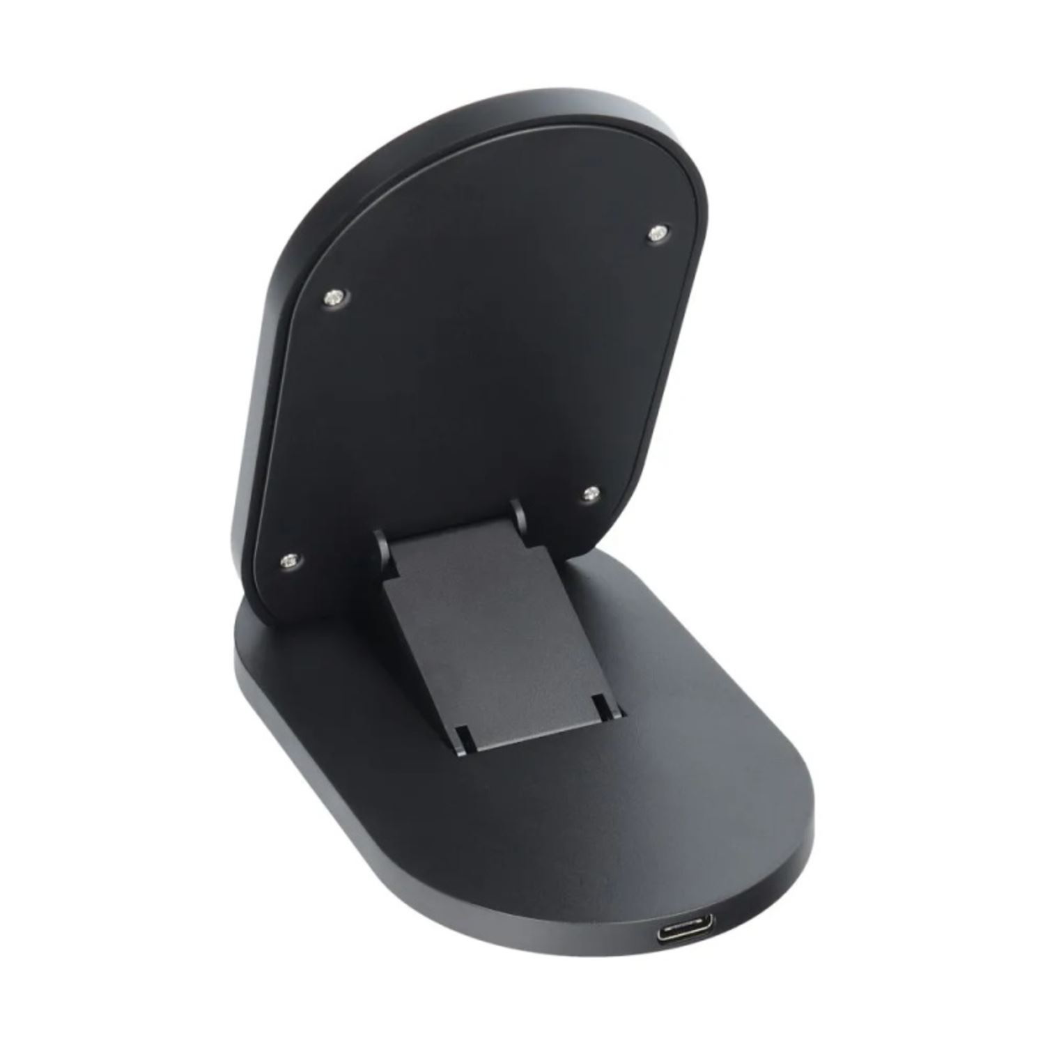 Cargador inalámbrico negro plegable. Abierto y plano, con una pequeña bisagra y puerto USB.