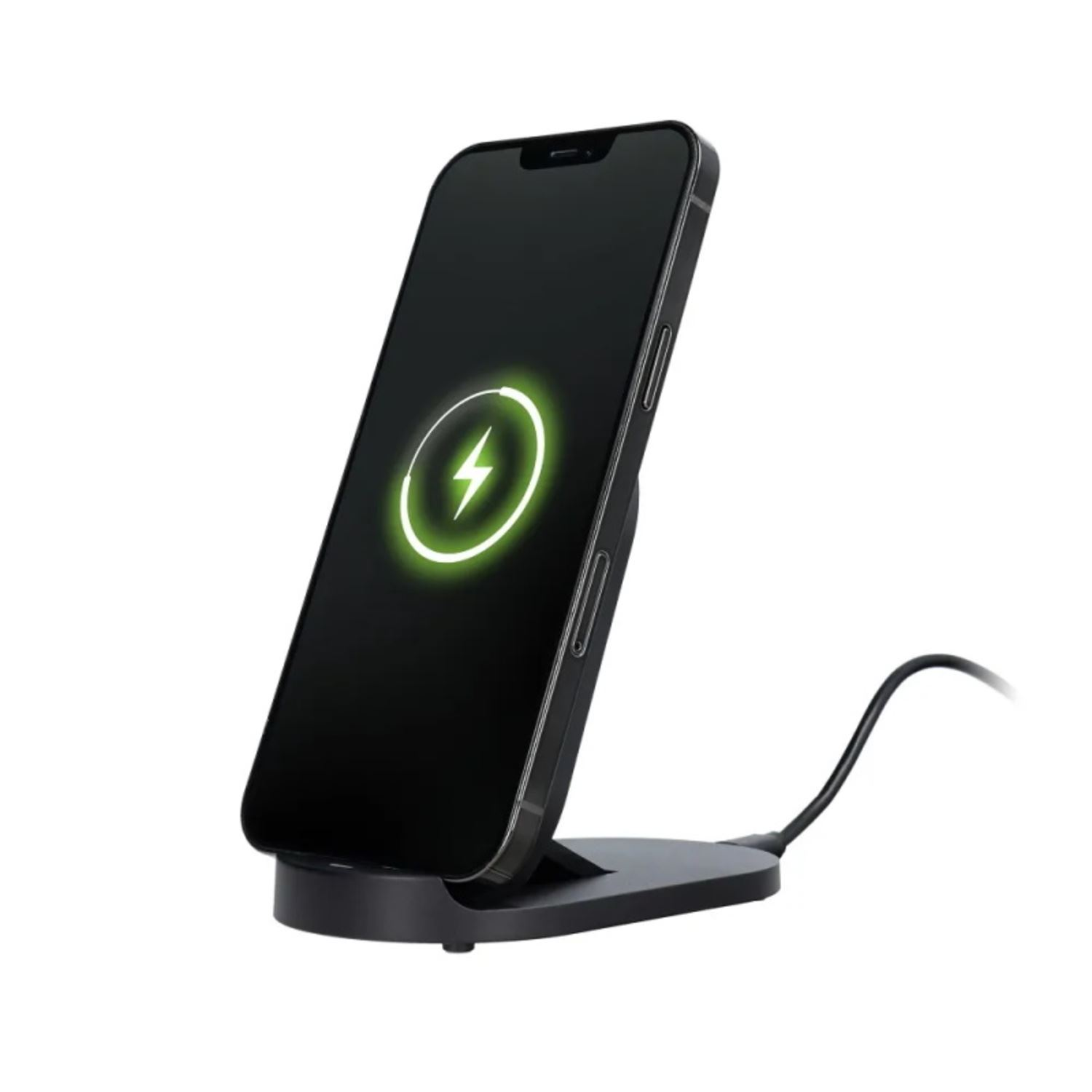 Teléfono negro cargando en un soporte inalámbrico. El teléfono tiene un símbolo de carga en la pantalla.