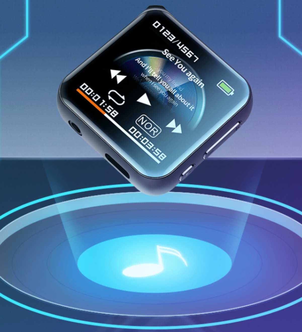 Ein schwarzer, quadratischer MP3-Player mit einem Bildschirm, der einen Songtitel und die Zeit anzeigt. Ein Notensymbol erscheint.